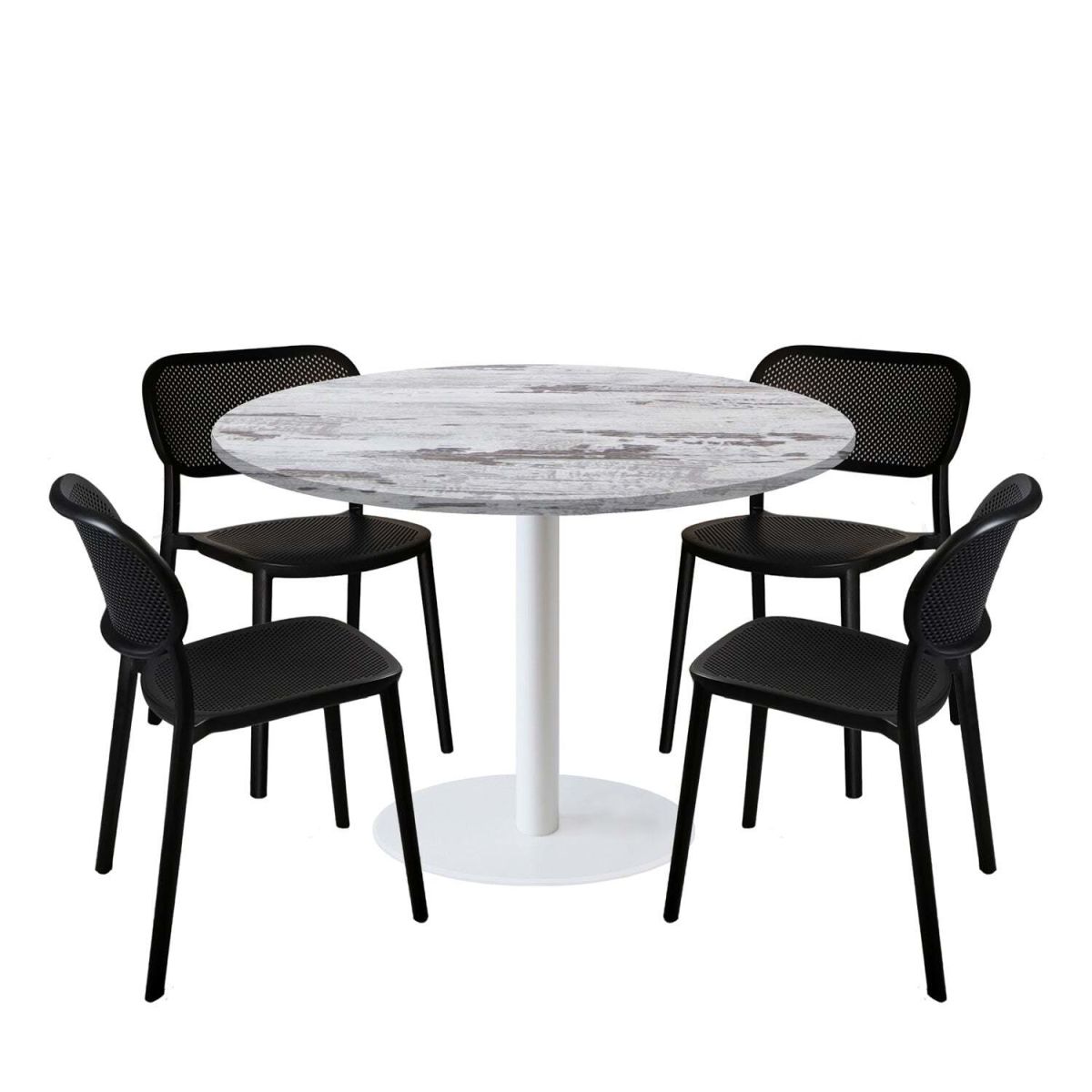 RestooTab Esstisch-Set Rome XL Gestell weiß mit 4 Stühlen - Dekor Holz & Uni 120x120x75x120 cm (LxBxHxØ); eiche/weiß; Gestell schwarz; rund