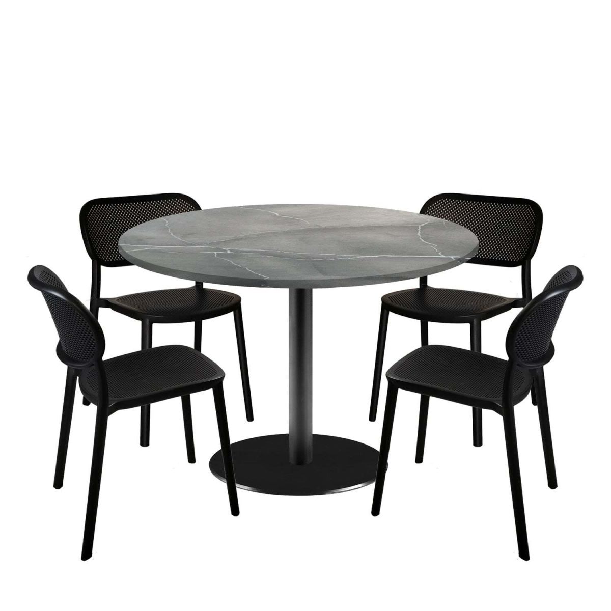 RestooTab Esstisch-Set Rome XL mit 4 Stühlen - Dekor Stein 120x120x75x120 cm (LxBxHxØ); grau/blau/marmoriert; Gestell schwarz; rund