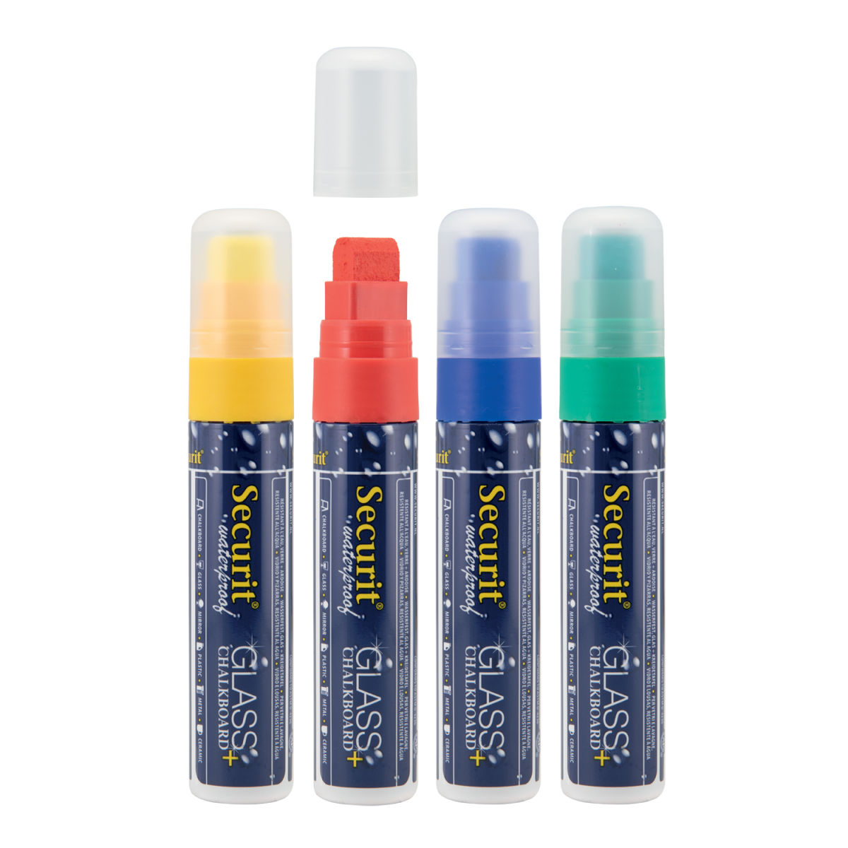 Set di 4 Pennarelli a Gesso Liquido Waterproof - Giallo, Verde, Rosso, Blu - Punta Rettangolare 7-15mm Securit; 2.7 cm (L), lunghezza carattere 27 mm; multicolore