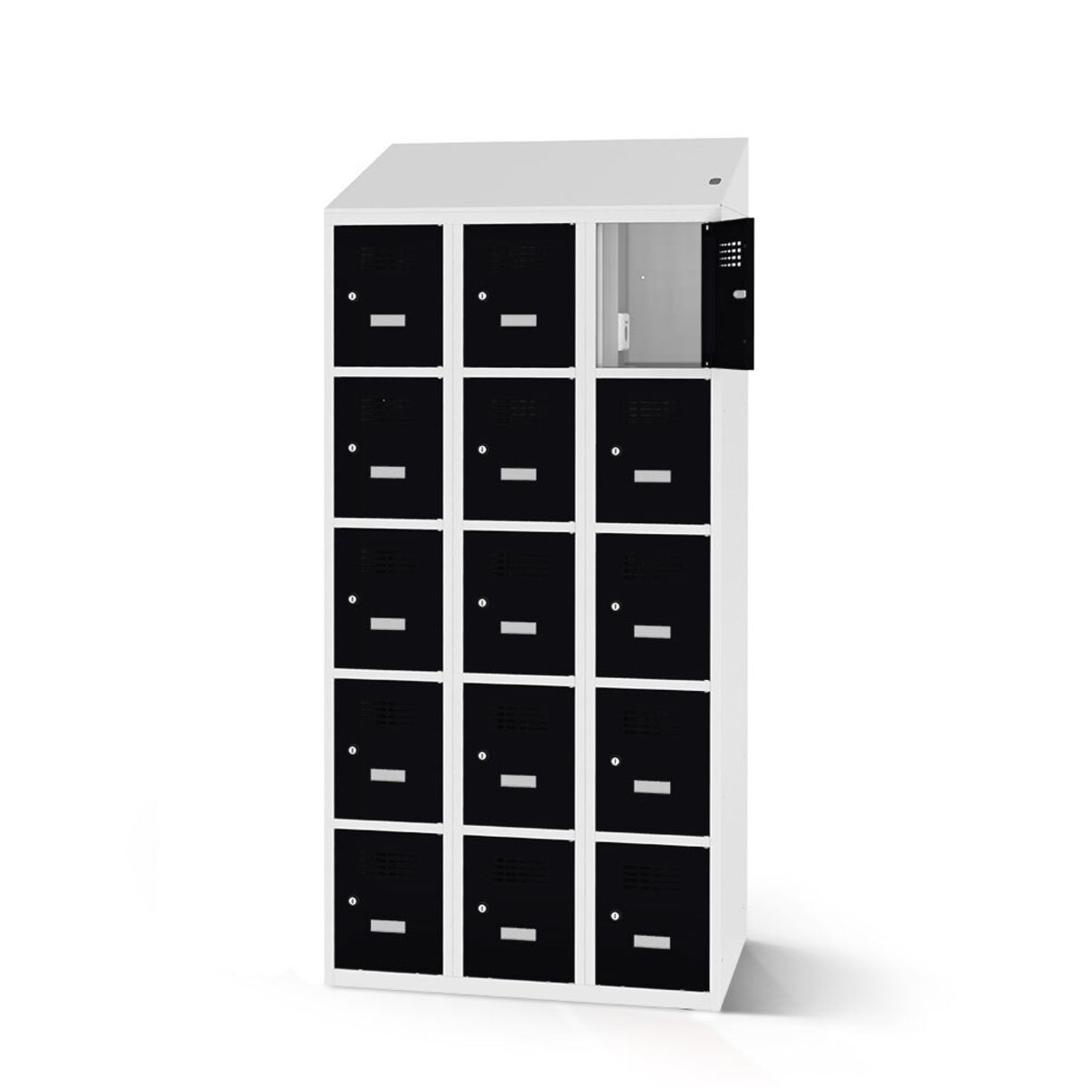 rotstahl Fächerschrank mit Ladefunktion 15 Fächer mit lichtgrauem Korpus 120x200 cm (BxH); schwarz