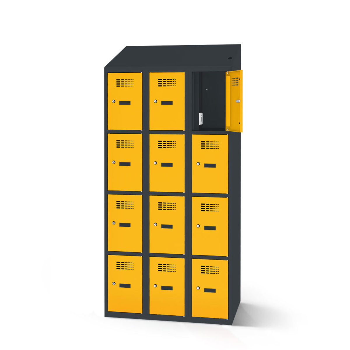 rotstahl Fächerschrank mit Ladefunktion 12 Fächer 3x4 mit anthrazitgrauem Korpus 120x200 cm (BxH); gelb