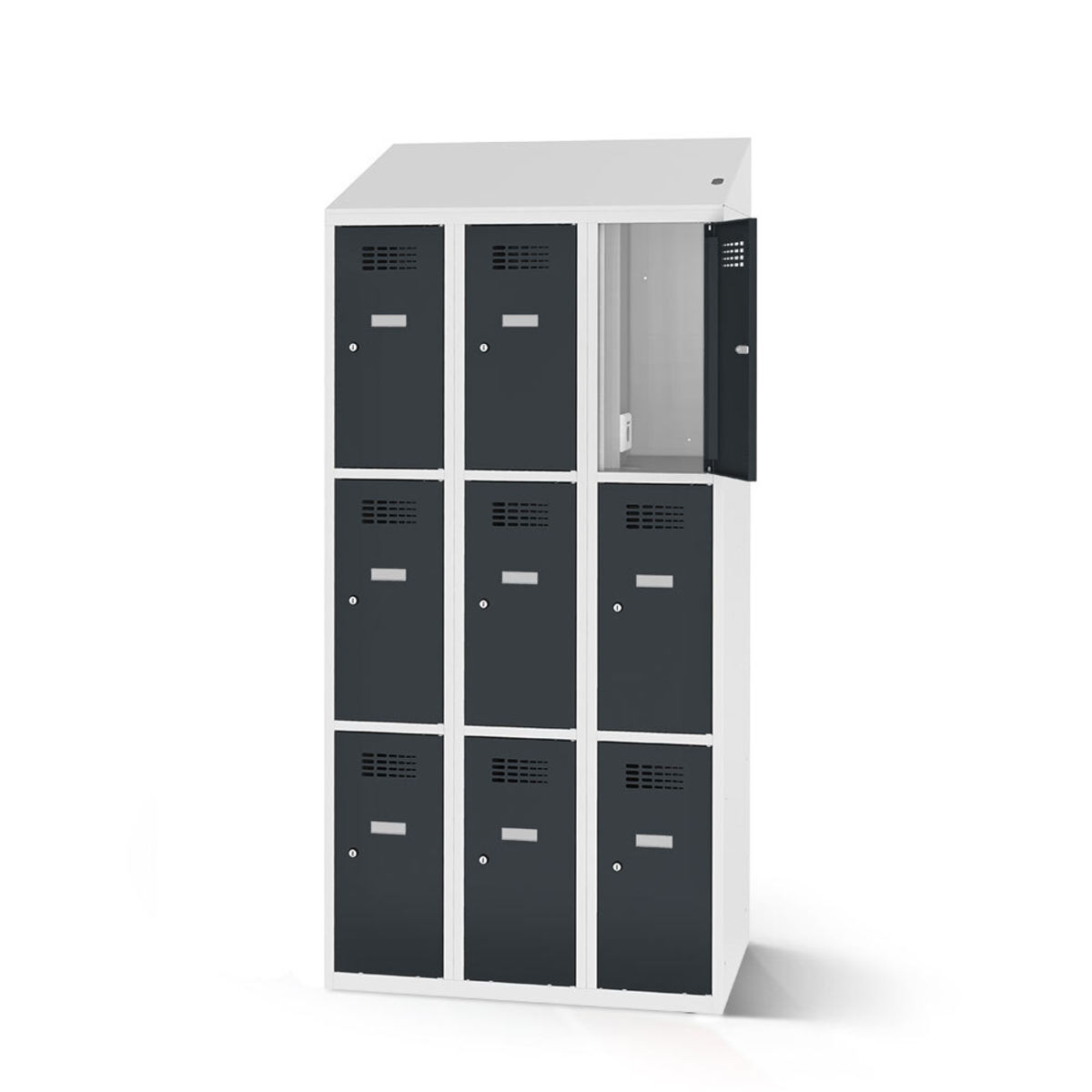 rotstahl Fächerschrank mit Ladefunktion 9 Fächer mit lichtgrauem Korpus 120x200 cm (BxH); anthrazit