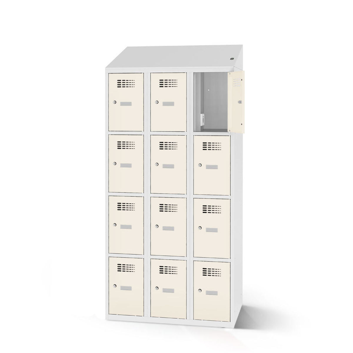rotstahl Fächerschrank mit Ladefunktion 12 Fächer 3x4 mit lichtgrauem Korpus 120x200 cm (BxH); weiß
