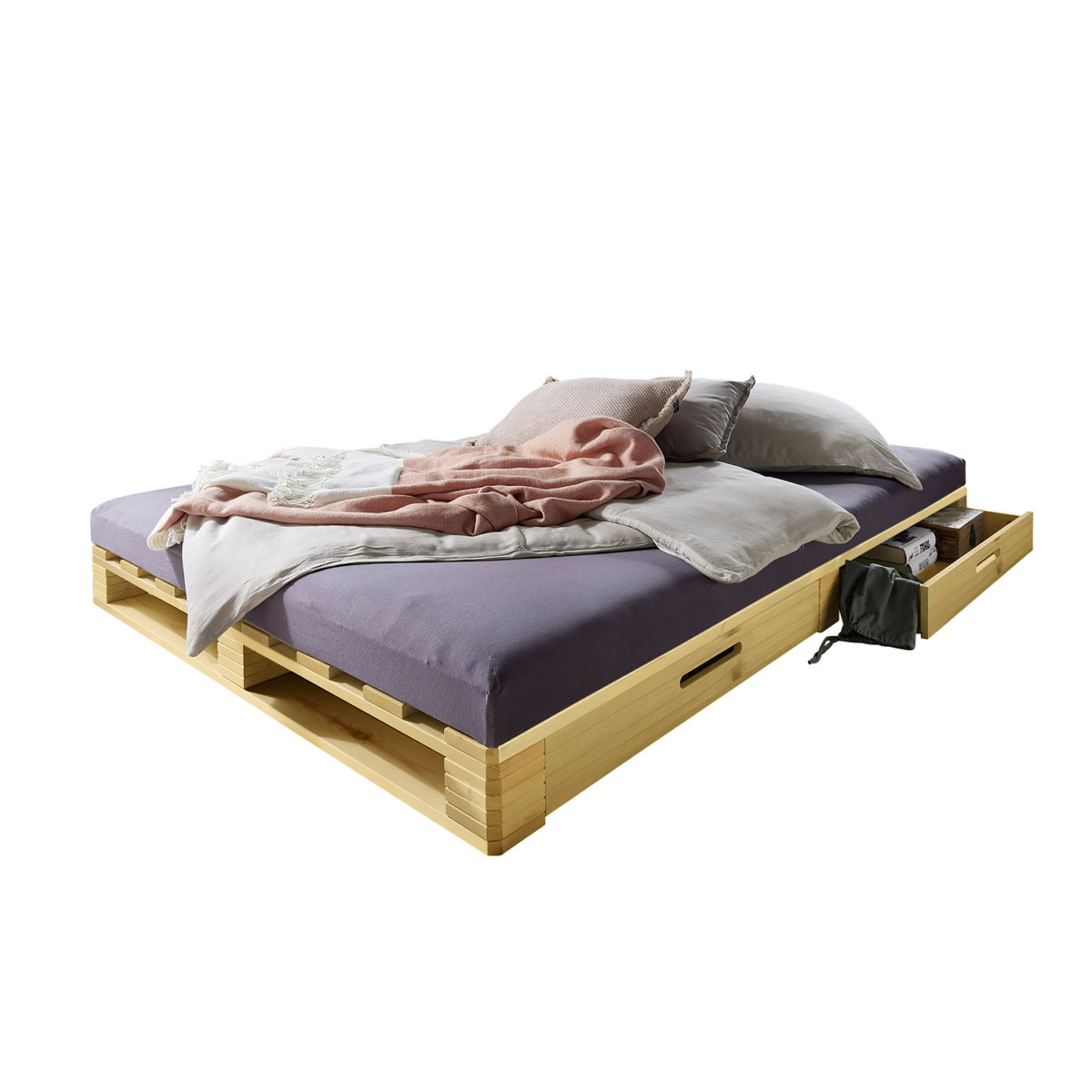 Infantil Infantil Palettenbett mit zwei Schubkästen 140 x 200 cm, Kiefer gelaugt 140x200x14 cm (BxLxH); natur