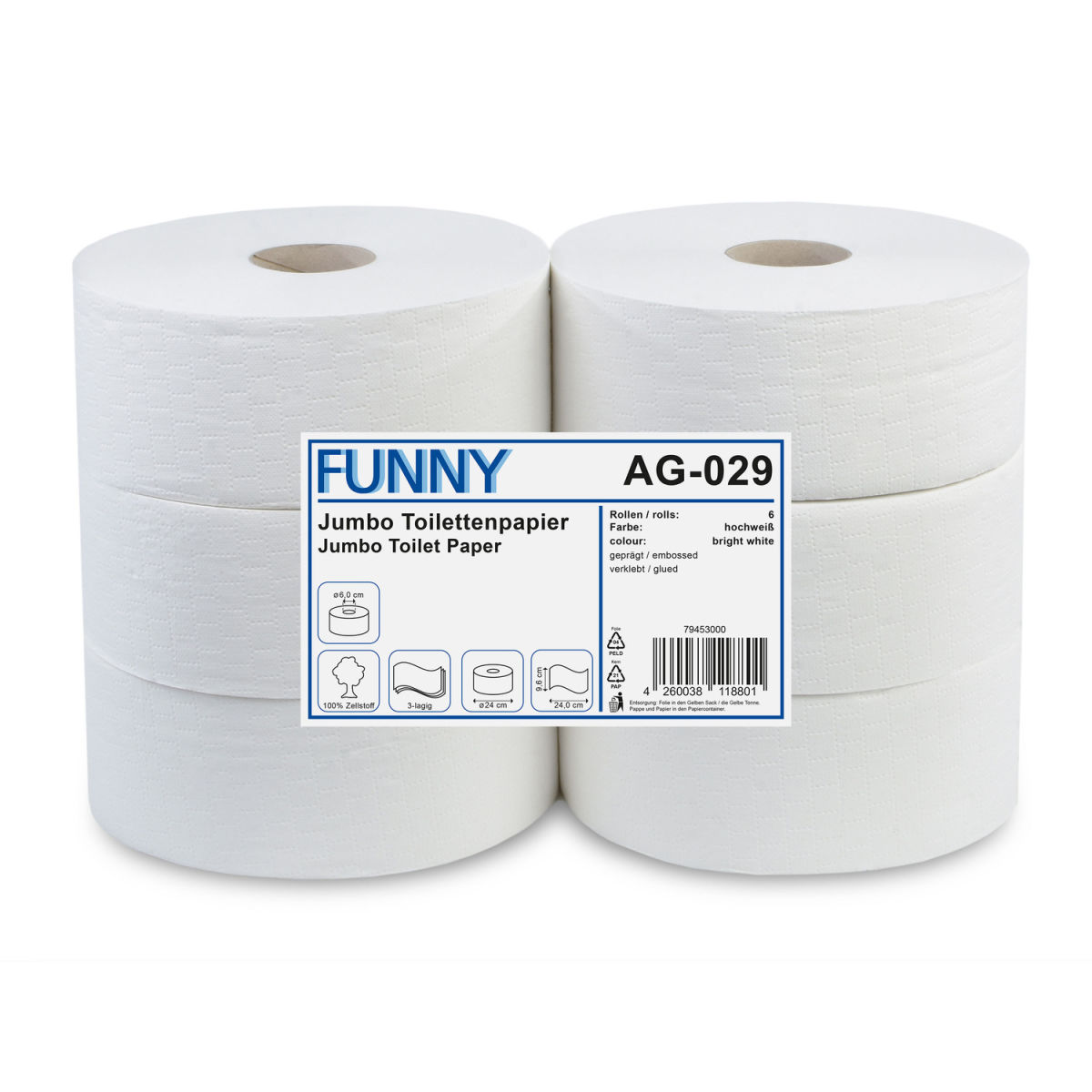 Plock Jumbo-Toilettenpapier, 3-lagig, Zellstoff 24 cm (Ø); weiß; 6 Rolle(n) / Pack