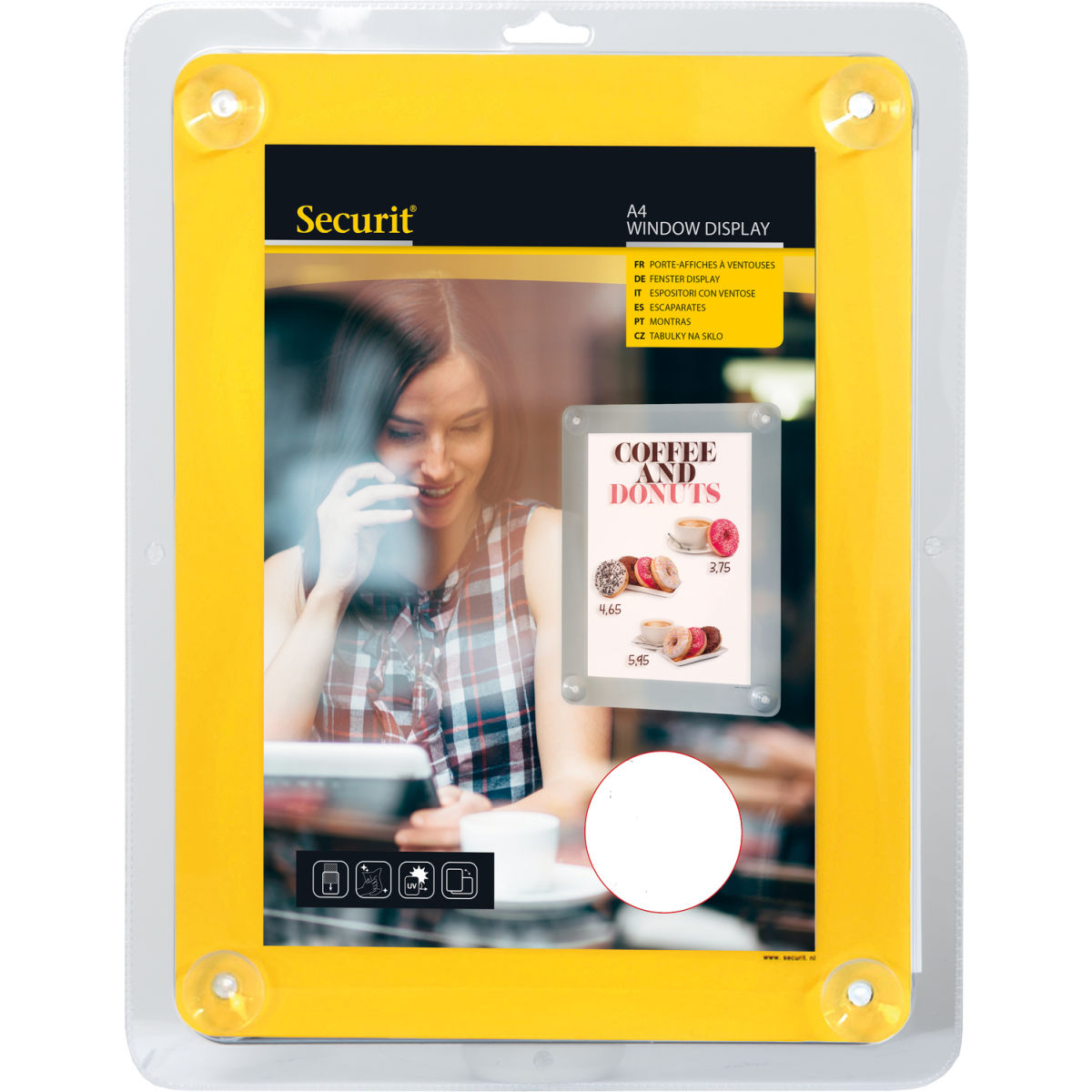 Porta-poster A4 per vetrina - Grigio - Con 4 ventose - Doppio lato Securit; 27x35.5 cm (LxH); giallo