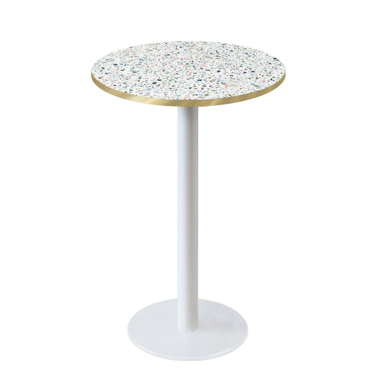 Tavolo alto Roma rotondo base bianco - laminato legno & pietra RestooTab; 113x60 cm (HxØ); multicolore/terazzo/ottone; rotonda