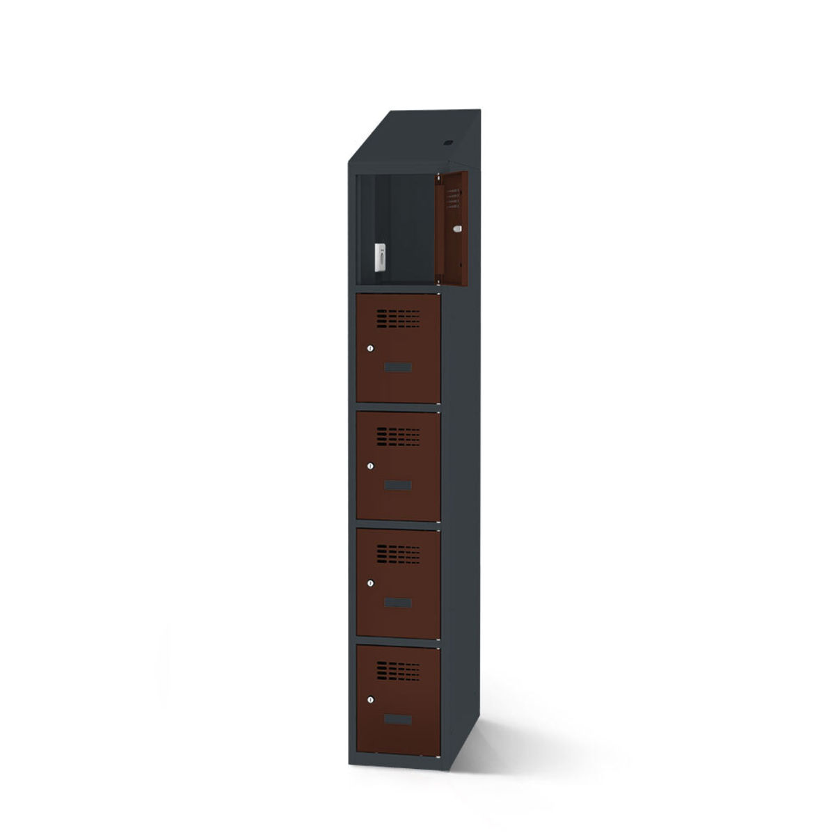 rotstahl Fächerschrank mit Ladefunktion 5 Fächer mit anthrazitgrauem Korpus 30x200 cm (BxH); mahagoni