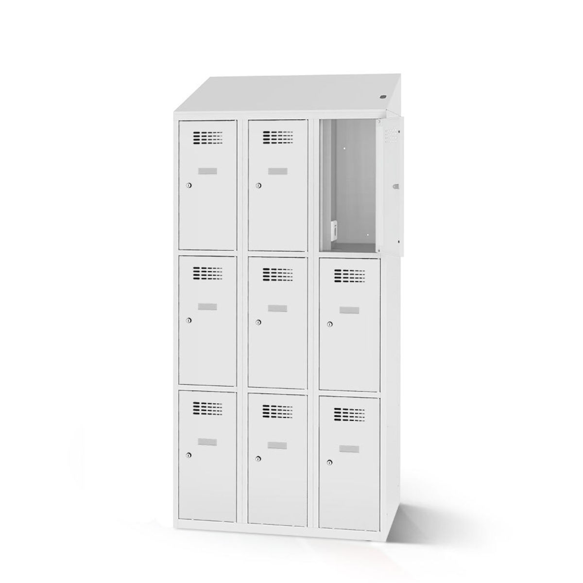 rotstahl Fächerschrank mit Ladefunktion 9 Fächer mit lichtgrauem Korpus 120x200 cm (BxH); hellgrau