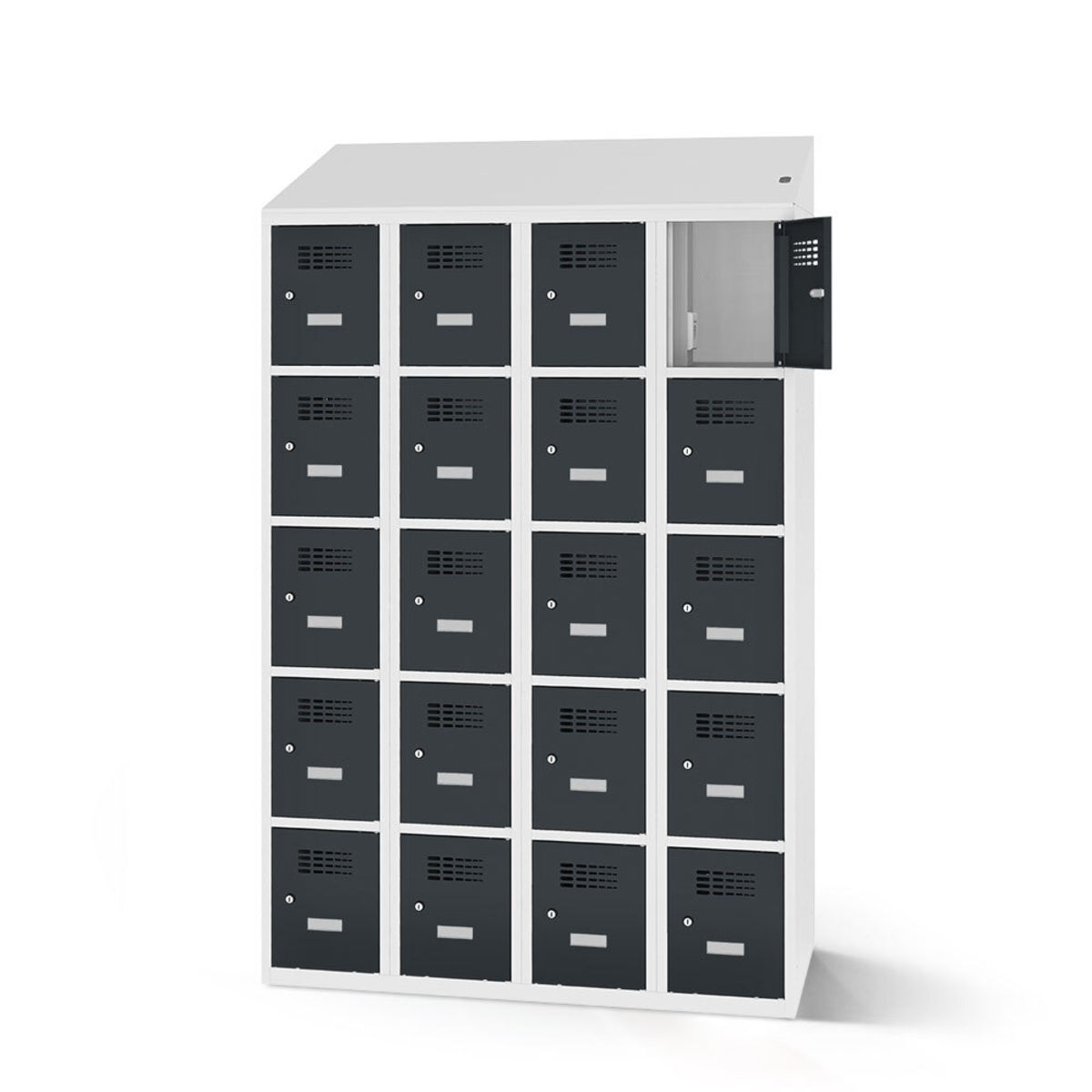 rotstahl Fächerschrank mit Ladefunktion 20 Fächer mit lichtgrauem Korpus 120x200 cm (BxH); anthrazit