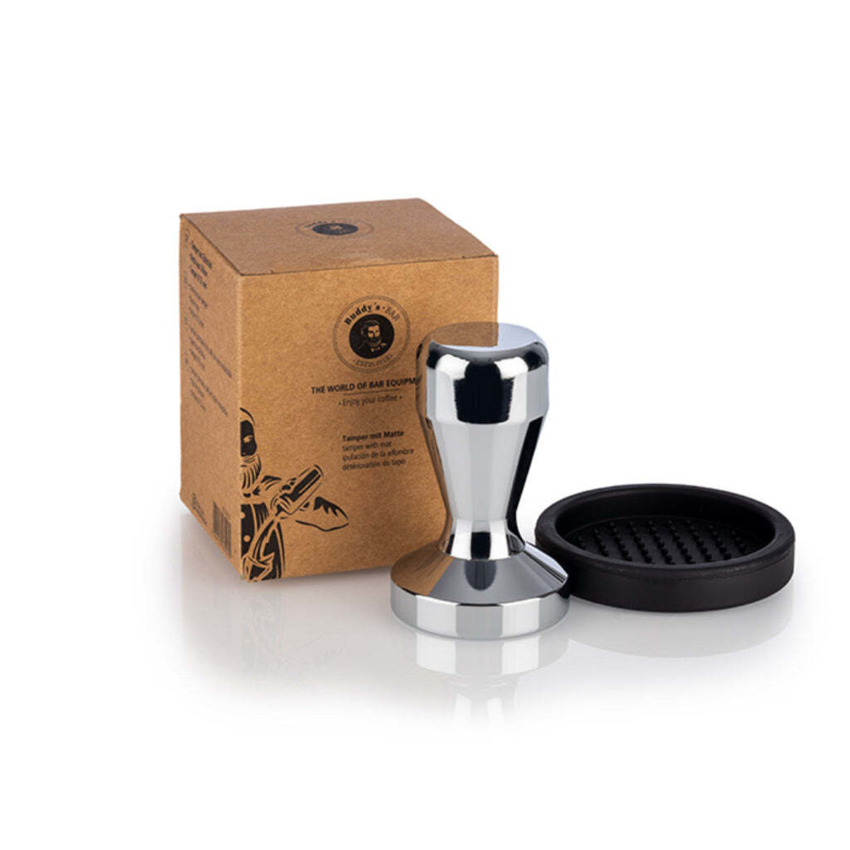 Buddy’s Bar Tamper mit Matte; 5.1x5.1x8 cm (LxBxH); silber/schwarz