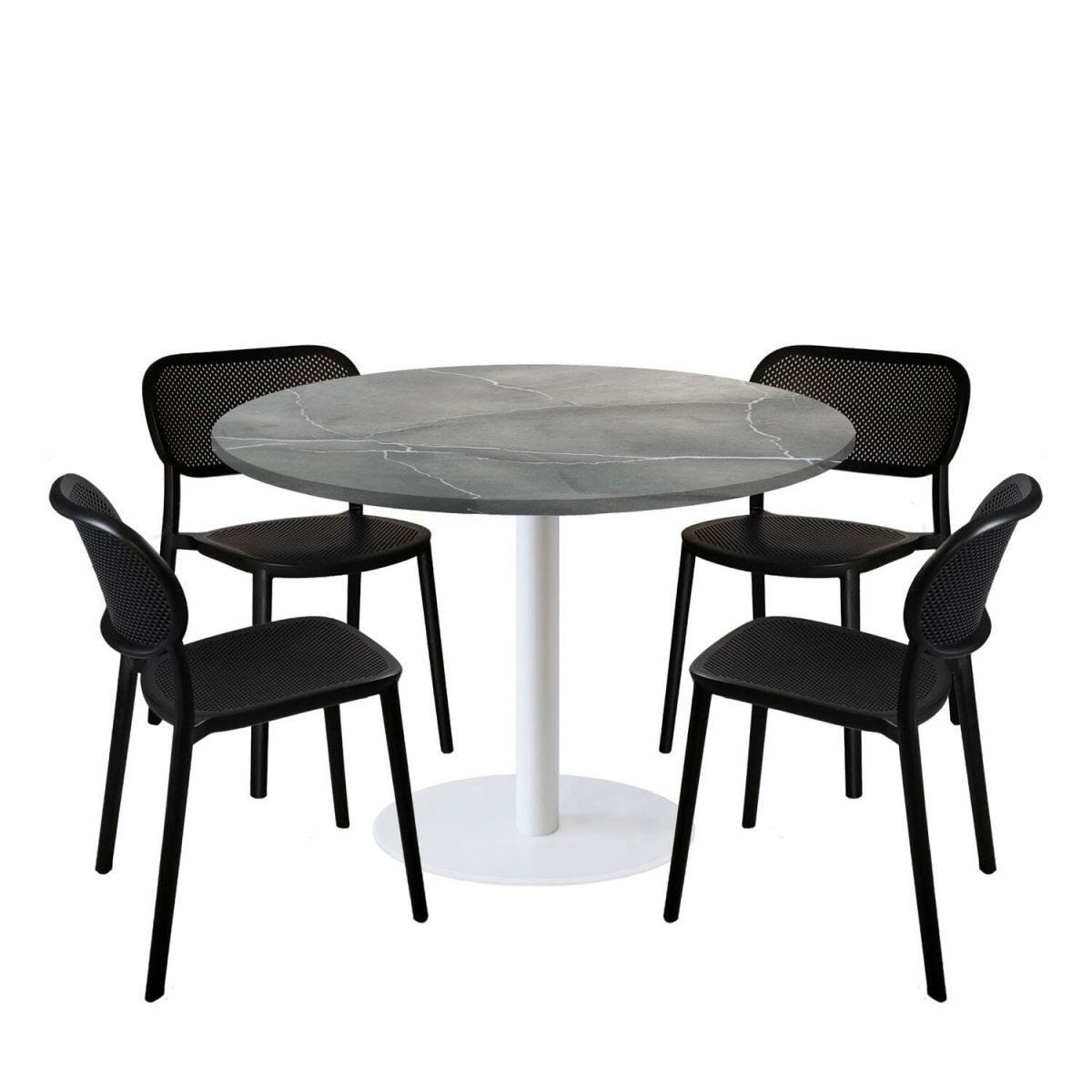 RestooTab Esstisch-Set Rome XL Gestell weiß mit 4 Stühlen - Dekor Stein 120x120x75x120 cm (LxBxHxØ); grau/blau/marmoriert; Gestell schwarz; rund