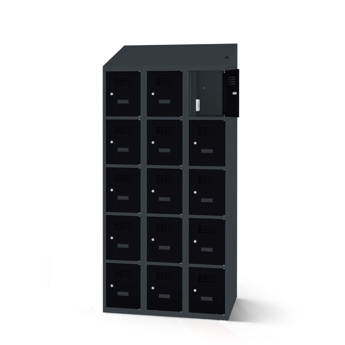 rotstahl Fächerschrank mit Ladefunktion 15 Fächer mit anthrazitgrauem Korpus 120x200 cm (BxH); schwarz
