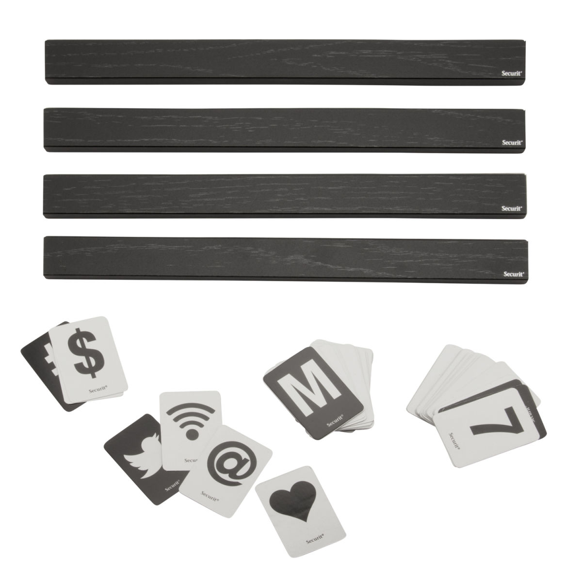 Set di 4 Mensole - Legno finitura nera laccata - 169 carte fronte-retro con lettere, numeri e icone incluse - 25 cm/mensola Securit; 0.29x25x2.5 cm (LxLxH); nero