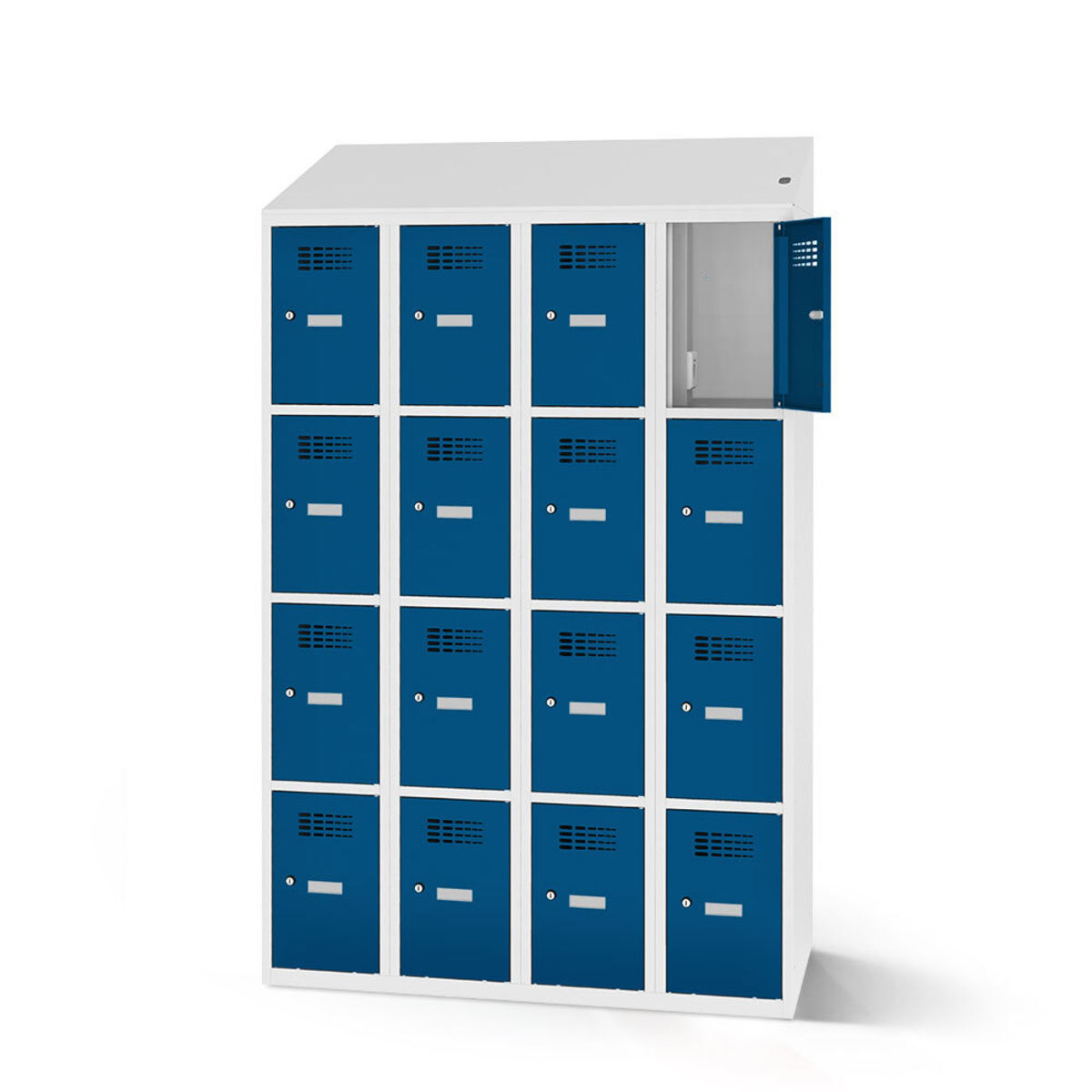rotstahl Fächerschrank mit Ladefunktion 16 Fächer mit lichtgrauem Korpus 120x200 cm (BxH); dunkelblau