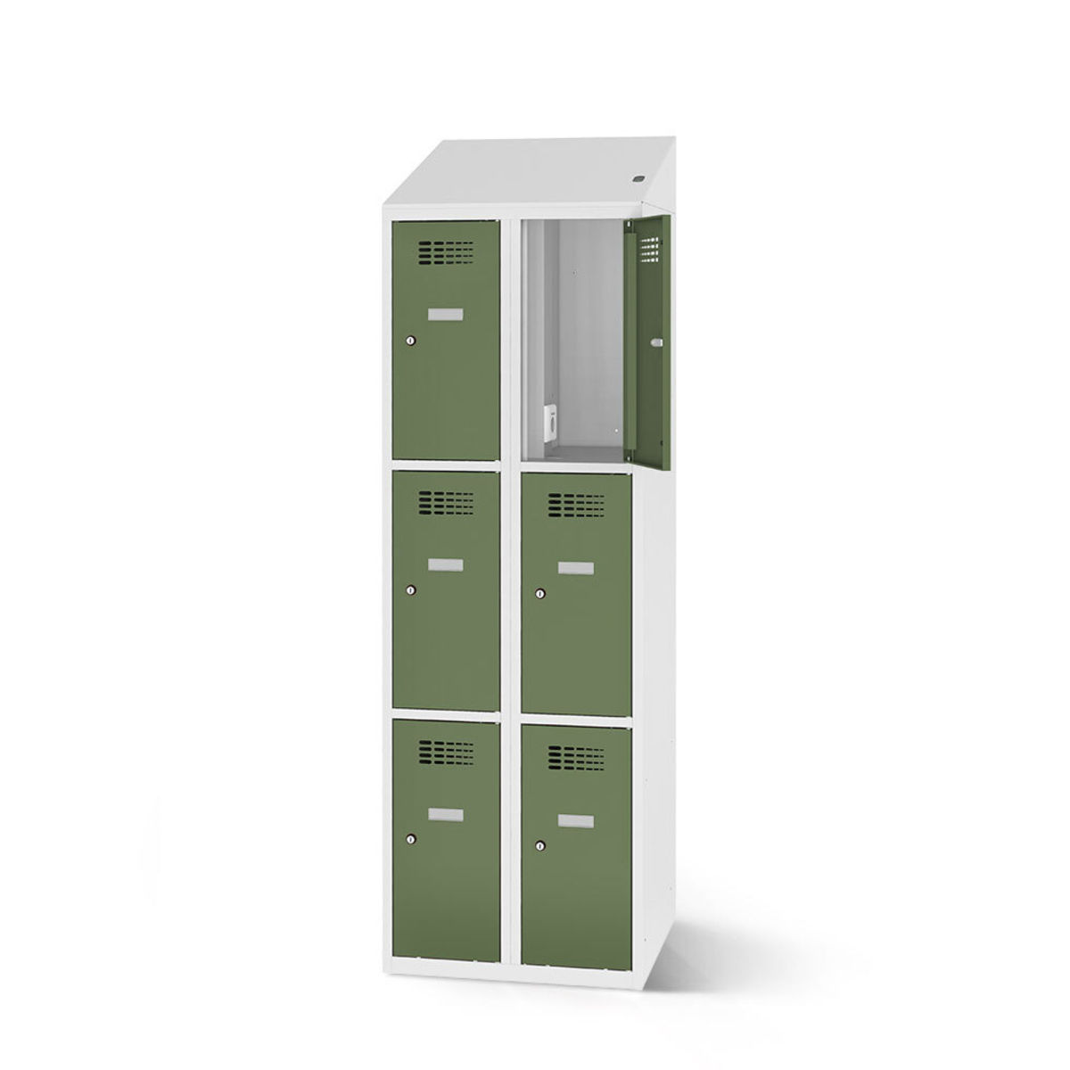 rotstahl Fächerschrank mit Ladefunktion 6 Fächer mit lichtgrauem Korpus 80x200 cm (BxH); hellgrün