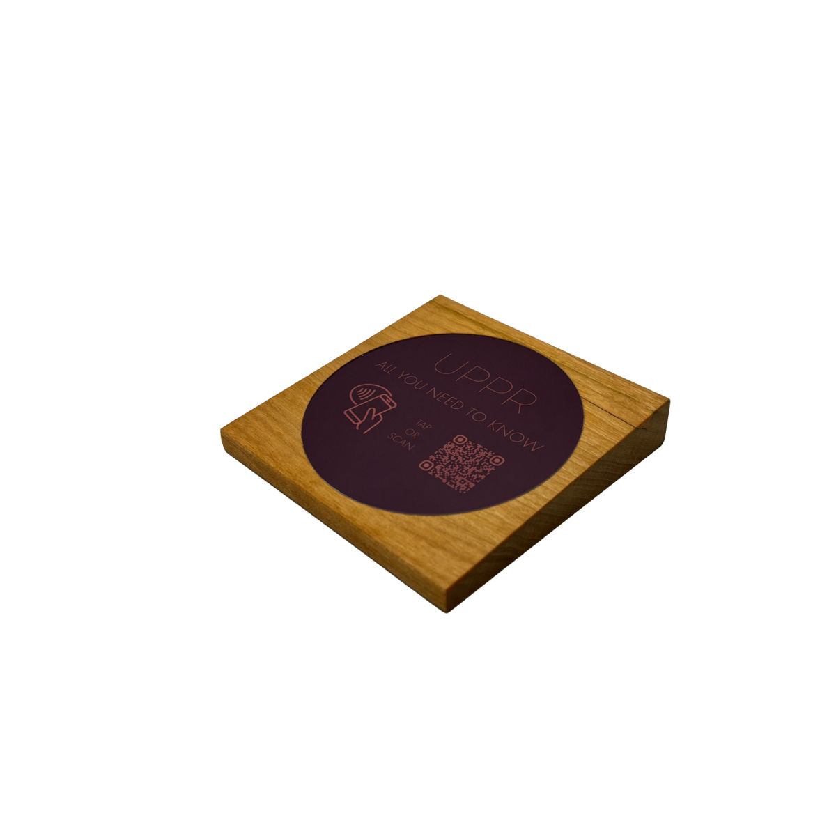 PRODUCTMATE Tischaufsteller liegend schräg mit QR-Code Aufkleber glänzend und NFC-Chip 8.5x8.5 cm (BxH); kirschbaum antik/braun antik; 25 Stück / Pack