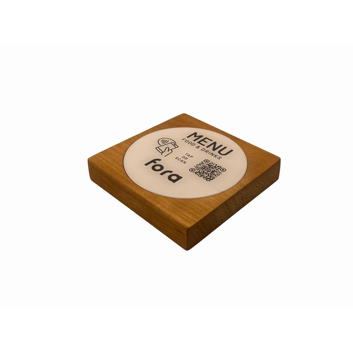 PRODUCTMATE Tischaufsteller liegend schräg mit QR-Code Aufkleber glänzend und NFC-Chip 8.5x8.5 cm (BxH); kirschbaum antik/braun antik; 25 Stück / Pack