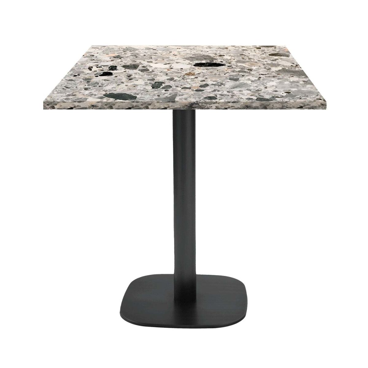 RestooTab Tisch Round quadratisch - Dekor Stein & Holz 70x70x75 cm (LxBxH); Platte grau/terrazzo, Gestell schwarz; quadratisch