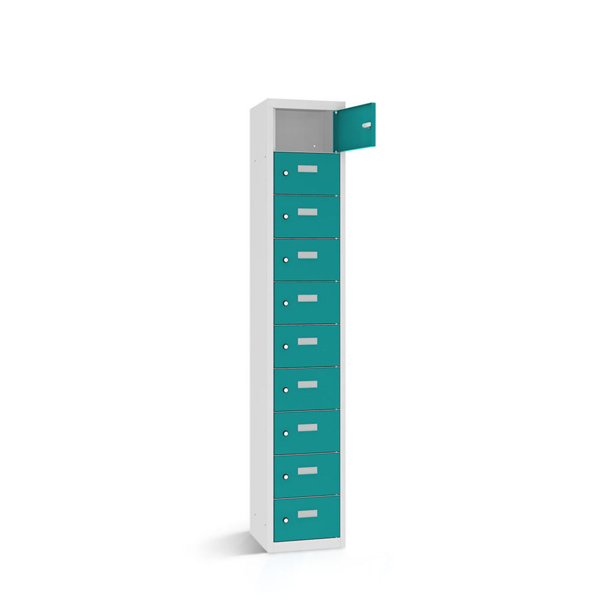 rotstahl Wertfachschrank 10 Fächer mit lichtgrauem Korpus 32.5x30x180 cm (BxTxH); türkis