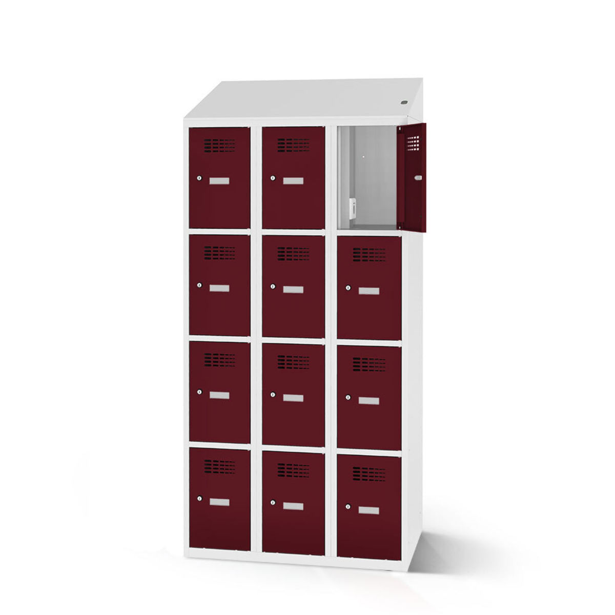 rotstahl Fächerschrank mit Ladefunktion 12 Fächer 3x4 mit lichtgrauem Korpus 90x200 cm (BxH); bordeaux