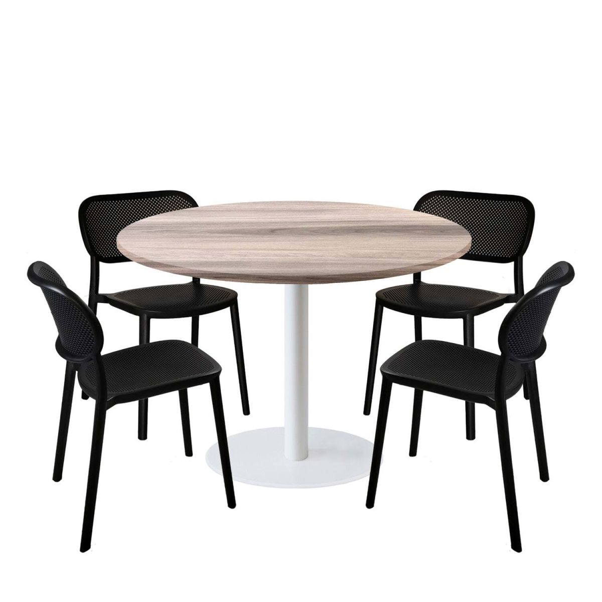 RestooTab Esstisch-Set Rome XL Gestell weiß mit 4 Stühlen - Dekor Holz & Uni 120x120x75x120 cm (LxBxHxØ); eiche/hellgrau; Gestell schwarz; rund