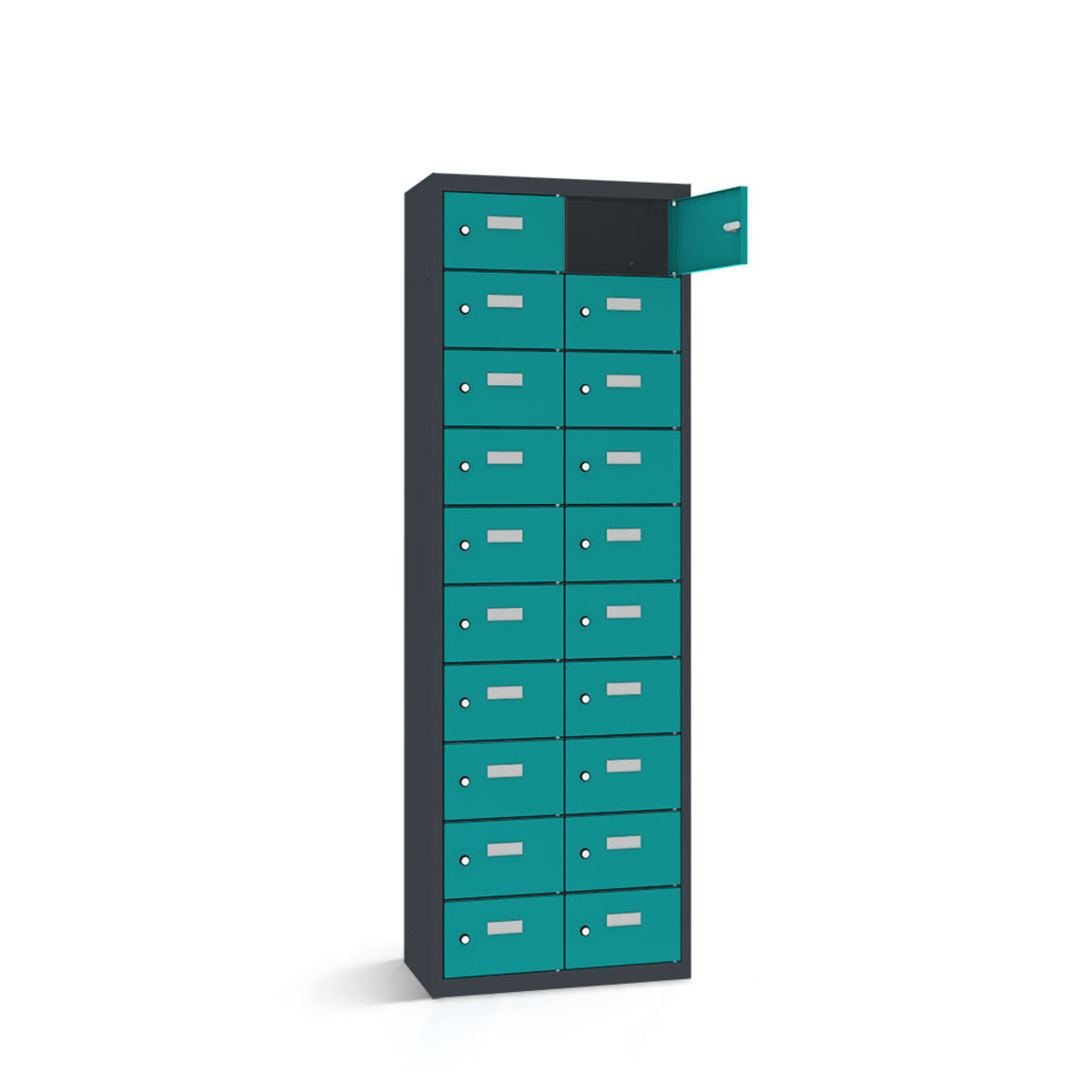 rotstahl Wertfachschrank 20 Fächer mit anthrazitgrauem Korpus 60x30x180 cm (BxTxH); türkis