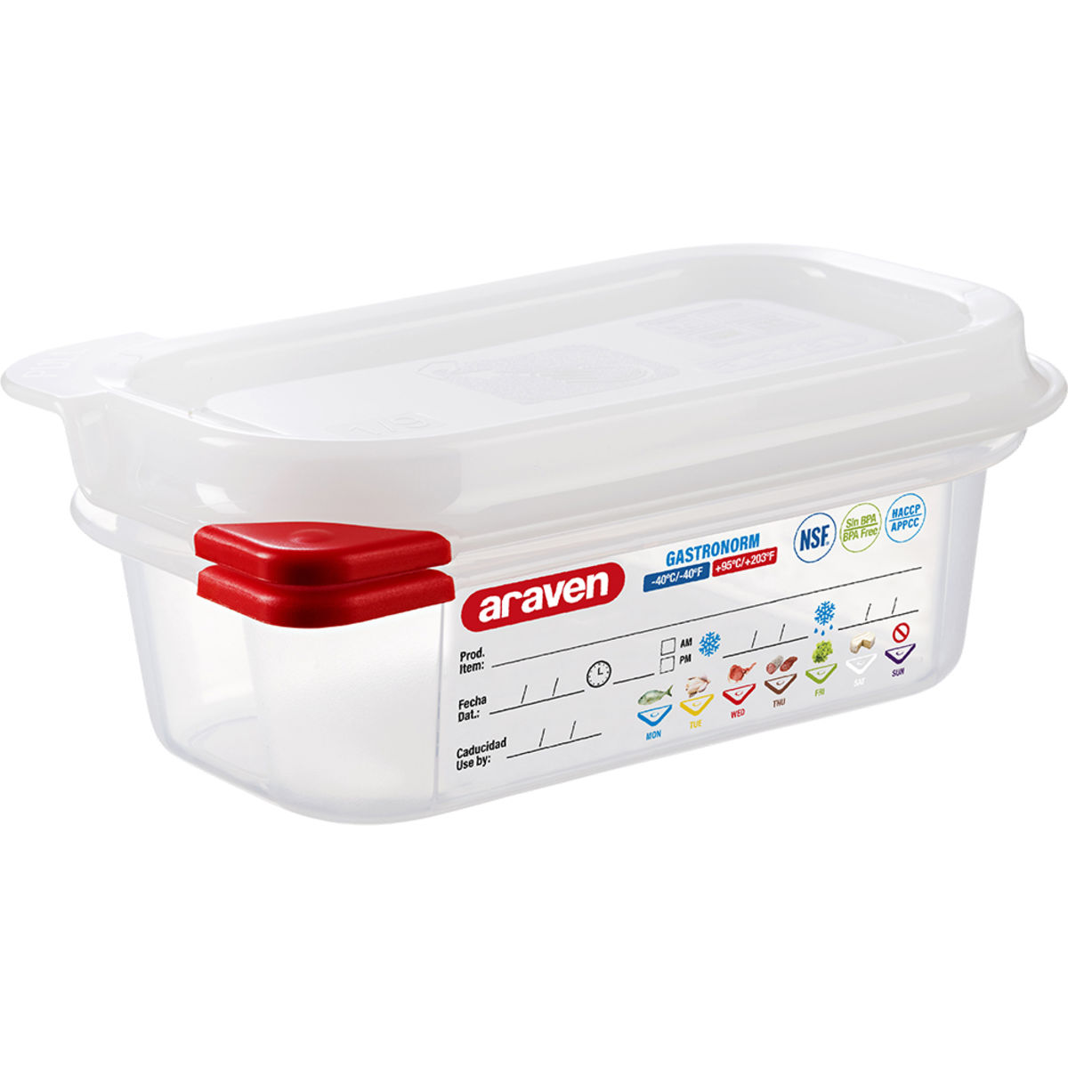 Araven Gastronormbehälter mit Deckel, Polypropylen, GN 1/9 GN 1/9, 0.6 l, 17.6x10.8x6.5 cm (LxBxT); transparent