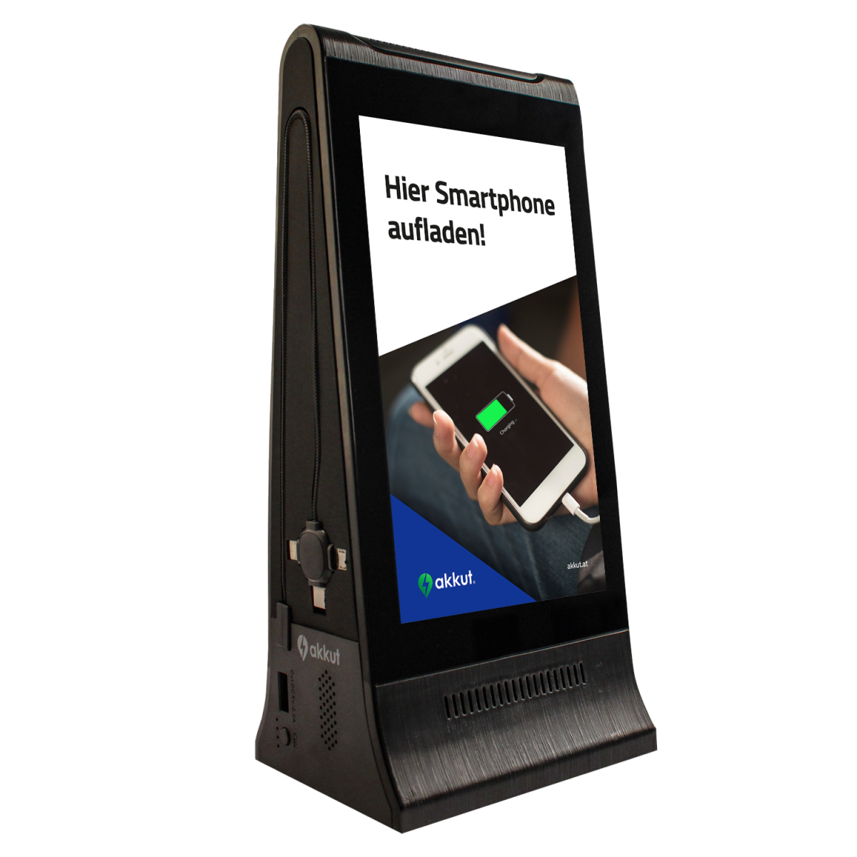 akkut Digitaler Tischaufsteller DOUBLESCREEN PEAK mit Akku und Handy-Ladekabel 9x11x24.5 cm (LxBxH); schwarz