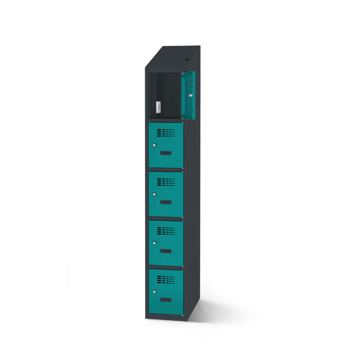 rotstahl Fächerschrank mit Ladefunktion 5 Fächer mit anthrazitgrauem Korpus 30x200 cm (BxH); türkis