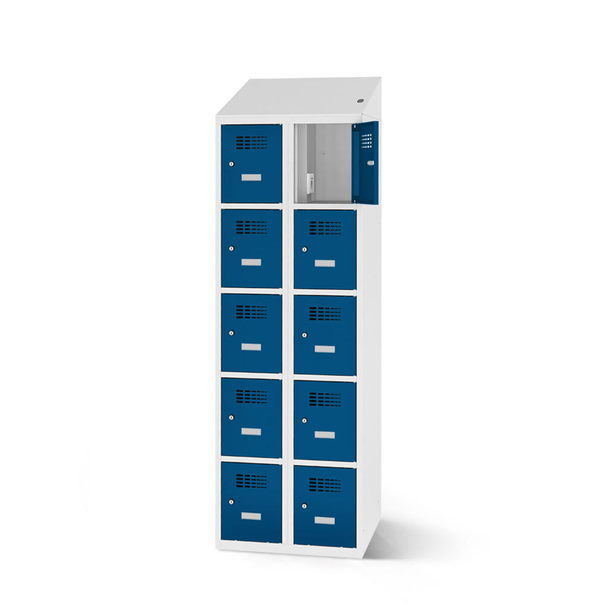 rotstahl Fächerschrank mit Ladefunktion 10 Fächer mit lichtgrauem Korpus 60x200 cm (BxH); dunkelblau