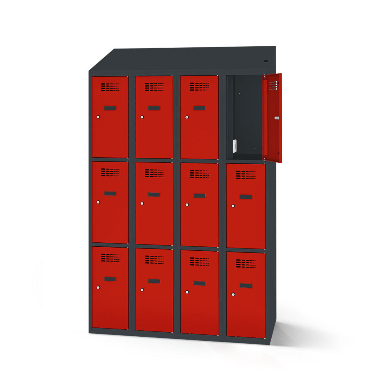 rotstahl Fächerschrank mit Ladefunktion 12 Fächer 4x3 mit anthrazitgrauem Korpus 120x200 cm (BxH); rot