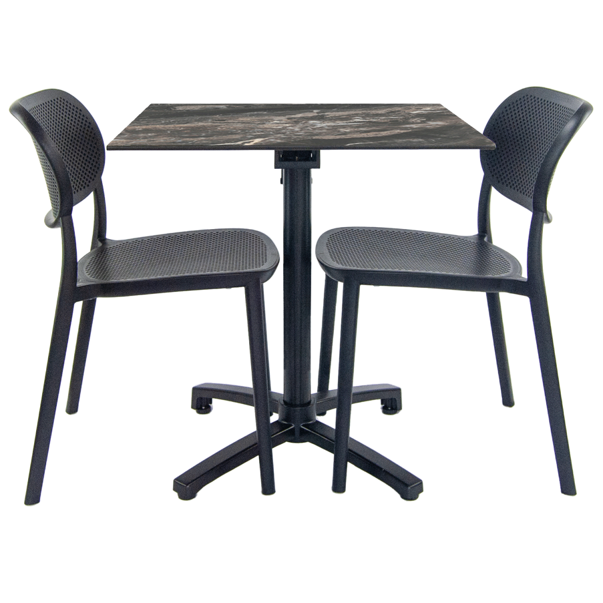 RestooTab Terrassenset Klapptisch Diabolo - 2 Stühle 70x70x73 cm (LxBxH); Platte schwarz/braun/marmoriert, Gestell schwarz; quadratisch