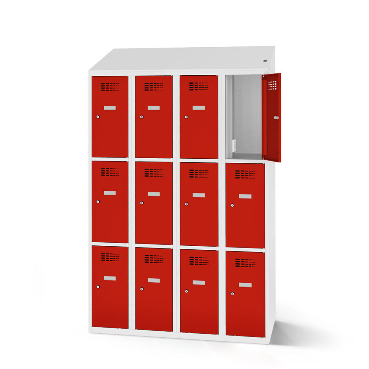 rotstahl Fächerschrank mit Ladefunktion 12 Fächer 4x3 mit lichtgrauem Korpus 120x200 cm (BxH); rot