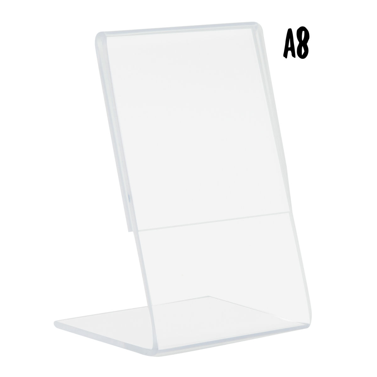 Porta-poster trasparente A6 - Forma a L - Acrilico Securit; 4x5x7 cm (LxLxH); argento