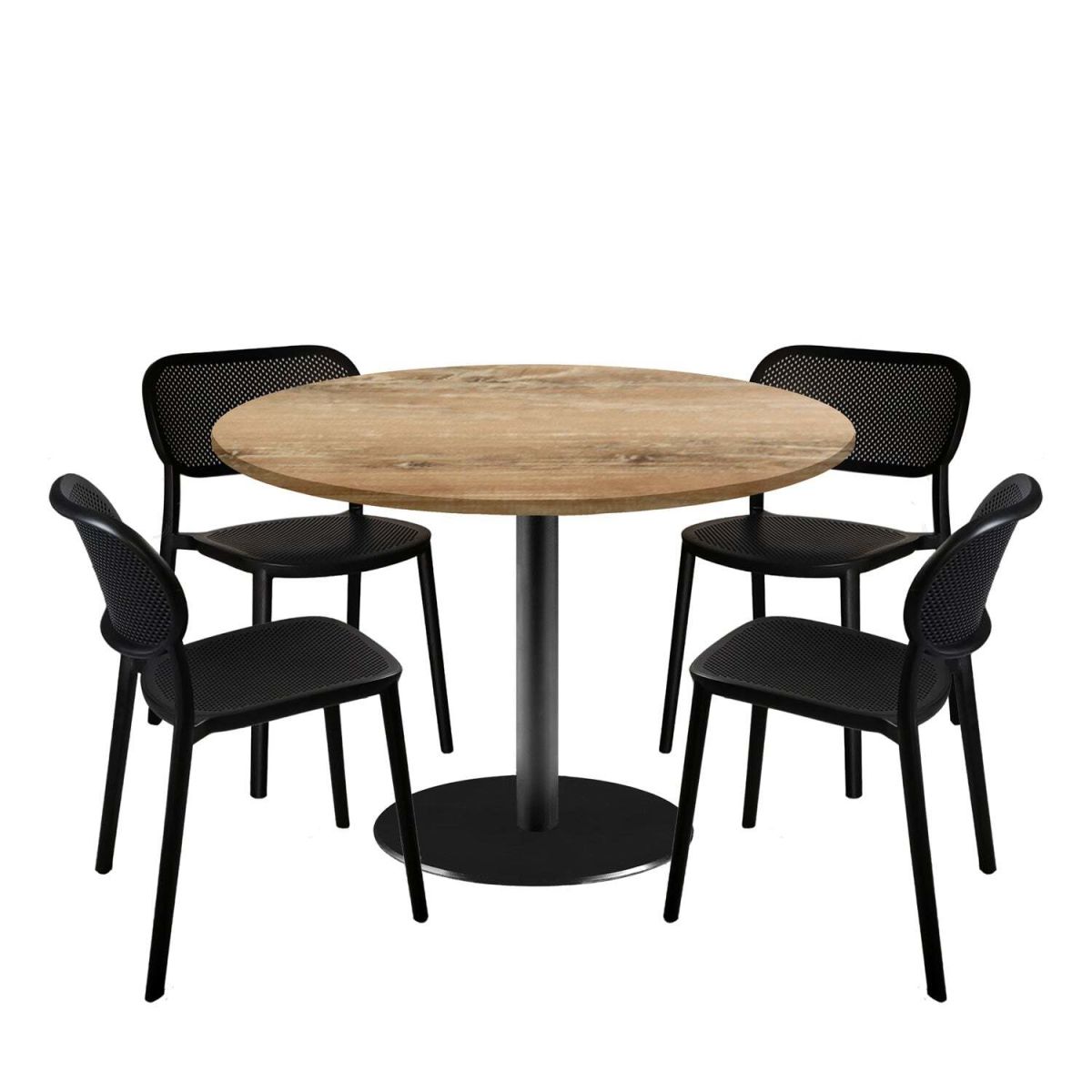RestooTab Esstisch-Set Rome XL mit 4 Stühlen - Dekor Holz 120x120x75x120 cm (LxBxHxØ); eiche antik; Gestell schwarz; rund