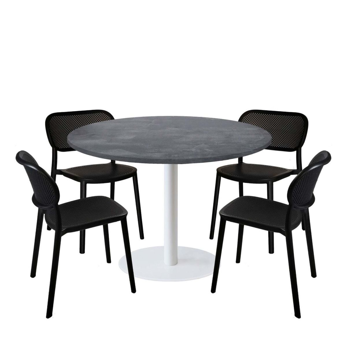 RestooTab Esstisch-Set Rome XL Gestell weiß mit 4 Stühlen - Dekor Stein 120x120x75x120 cm (LxBxHxØ); steingrau; Gestell schwarz; rund