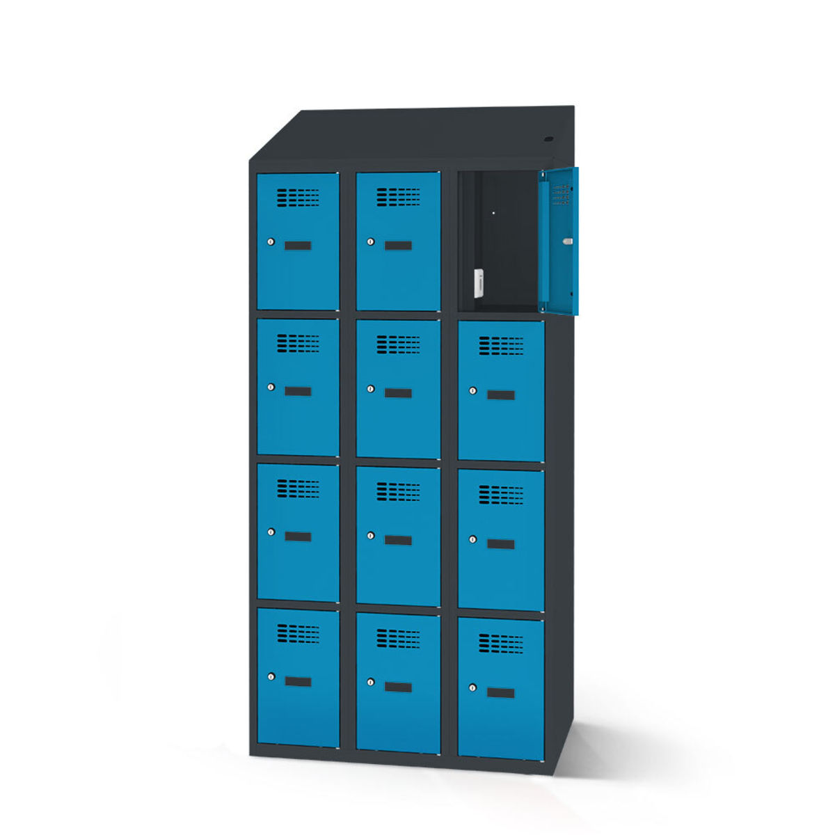 rotstahl Fächerschrank mit Ladefunktion 12 Fächer 3x4 mit anthrazitgrauem Korpus 90x200 cm (BxH); blau