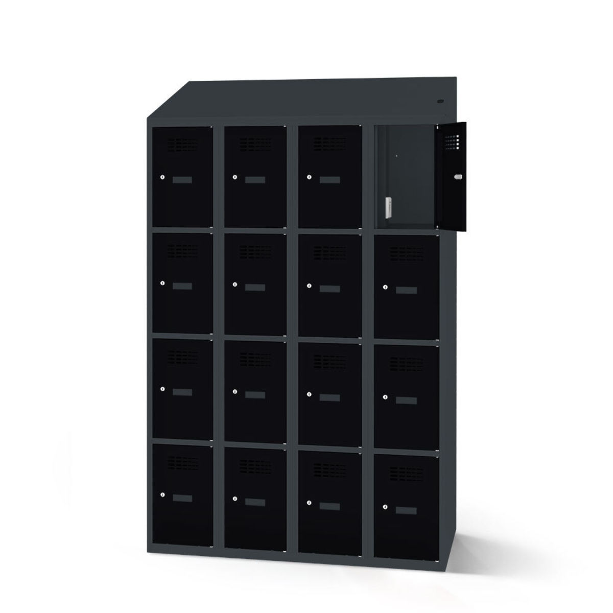 rotstahl Fächerschrank mit Ladefunktion 16 Fächer mit anthrazitgrauem Korpus 120x200 cm (BxH); schwarz