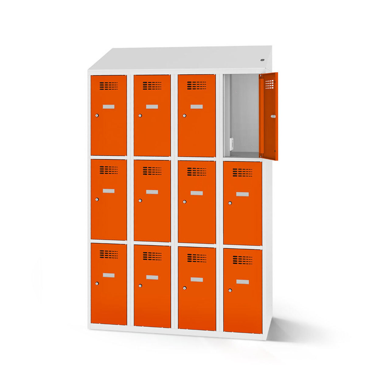 rotstahl Fächerschrank mit Ladefunktion 12 Fächer 4x3 mit lichtgrauem Korpus 120x200 cm (BxH); orange