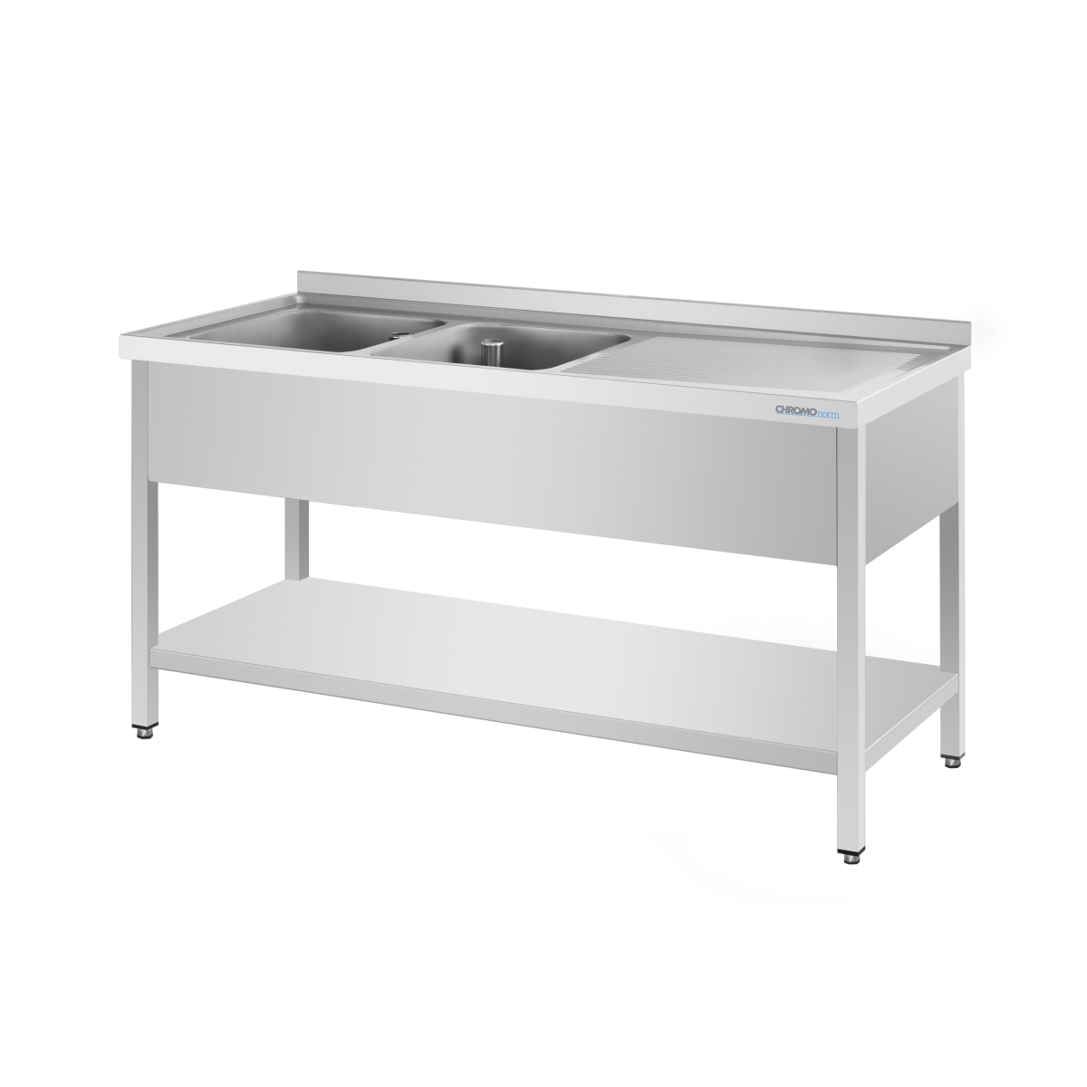 CHROMOnorm Spültisch mit 2 Becken links und Zwischenboden 150x90x60 cm (BxHxT); grau