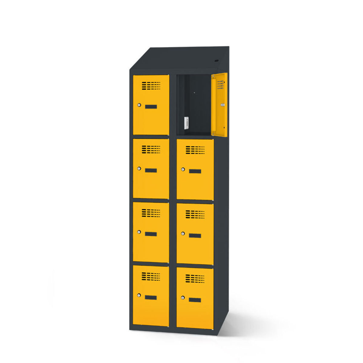 rotstahl Fächerschrank mit Ladefunktion 8 Fächer mit anthrazitgrauem Korpus 80x200 cm (BxH); gelb