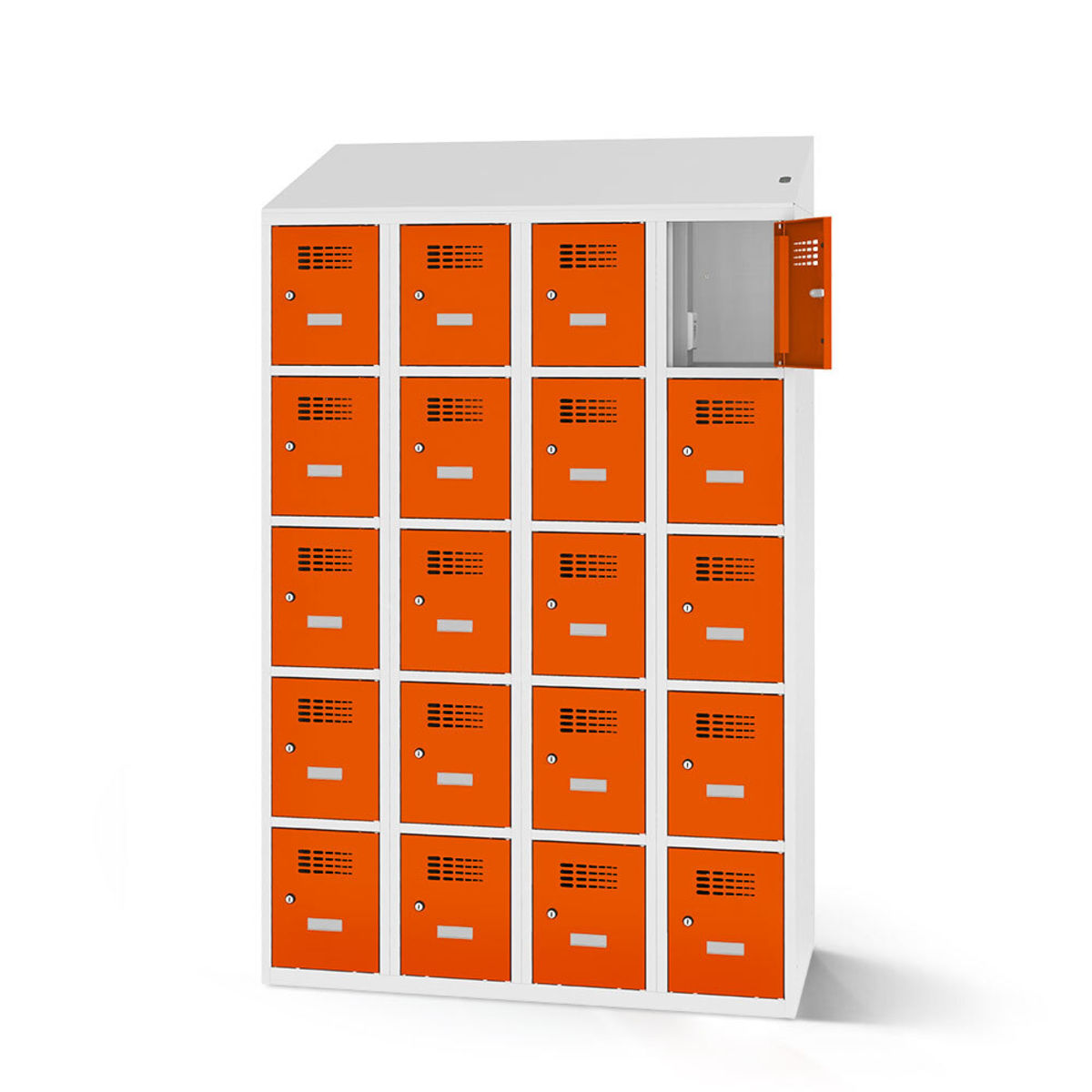 rotstahl Fächerschrank mit Ladefunktion 20 Fächer mit lichtgrauem Korpus 120x200 cm (BxH); orange