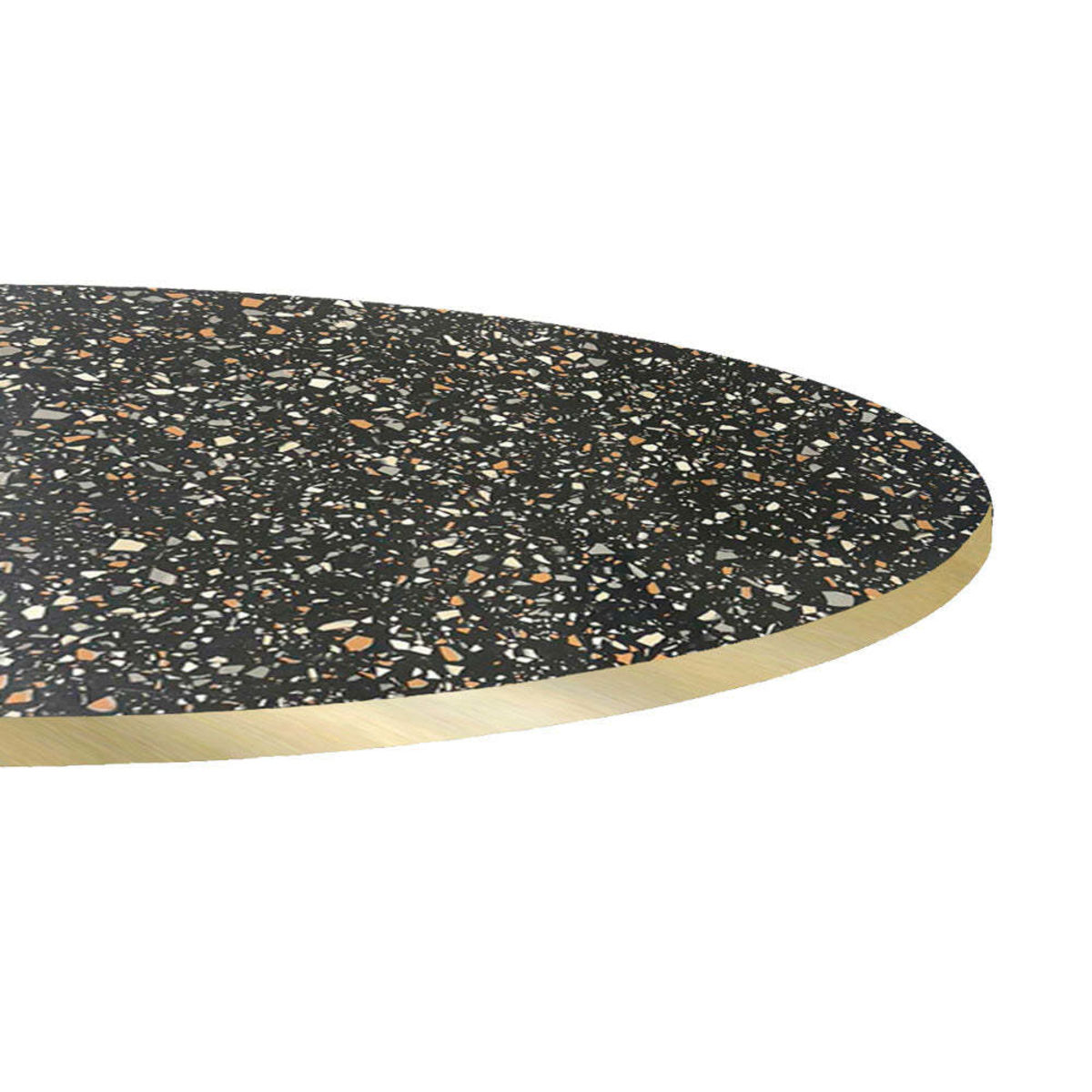 Piano tavolo rotondo, decoro Terrazzo, bordi color ottone RestooTab; 70x70 cm (LxL); nero/terazzo/ottone; rotonda