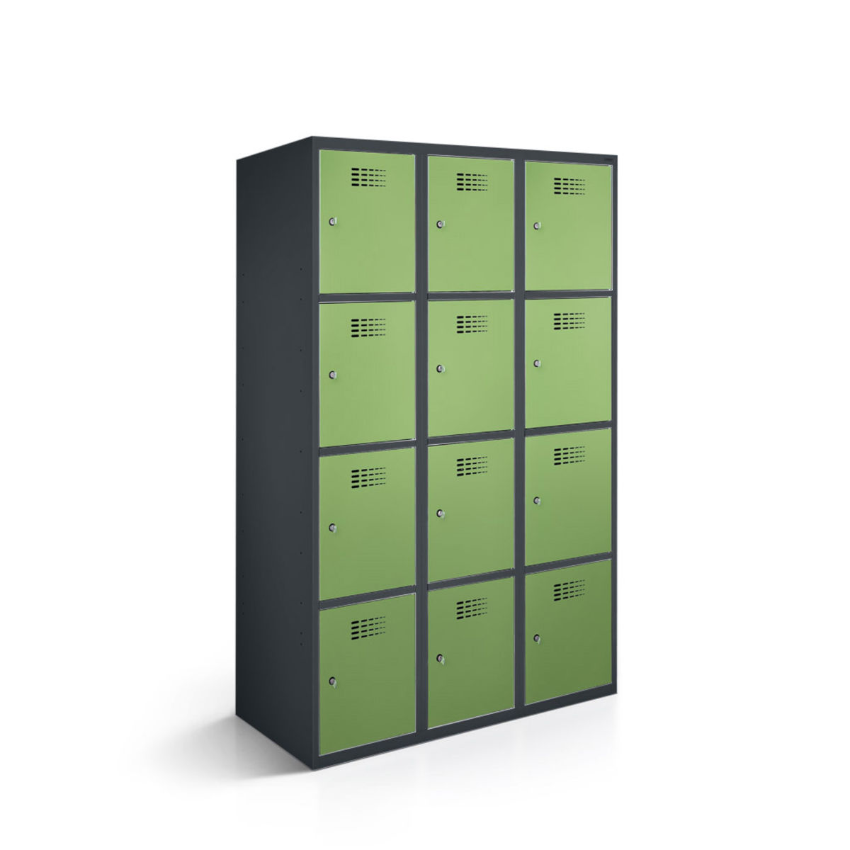 rotstahl Fächerschrank 12 Fächer 3x4 mit anthrazitgrauem Korpus 90x50x180 cm (BxTxH); hellgrün