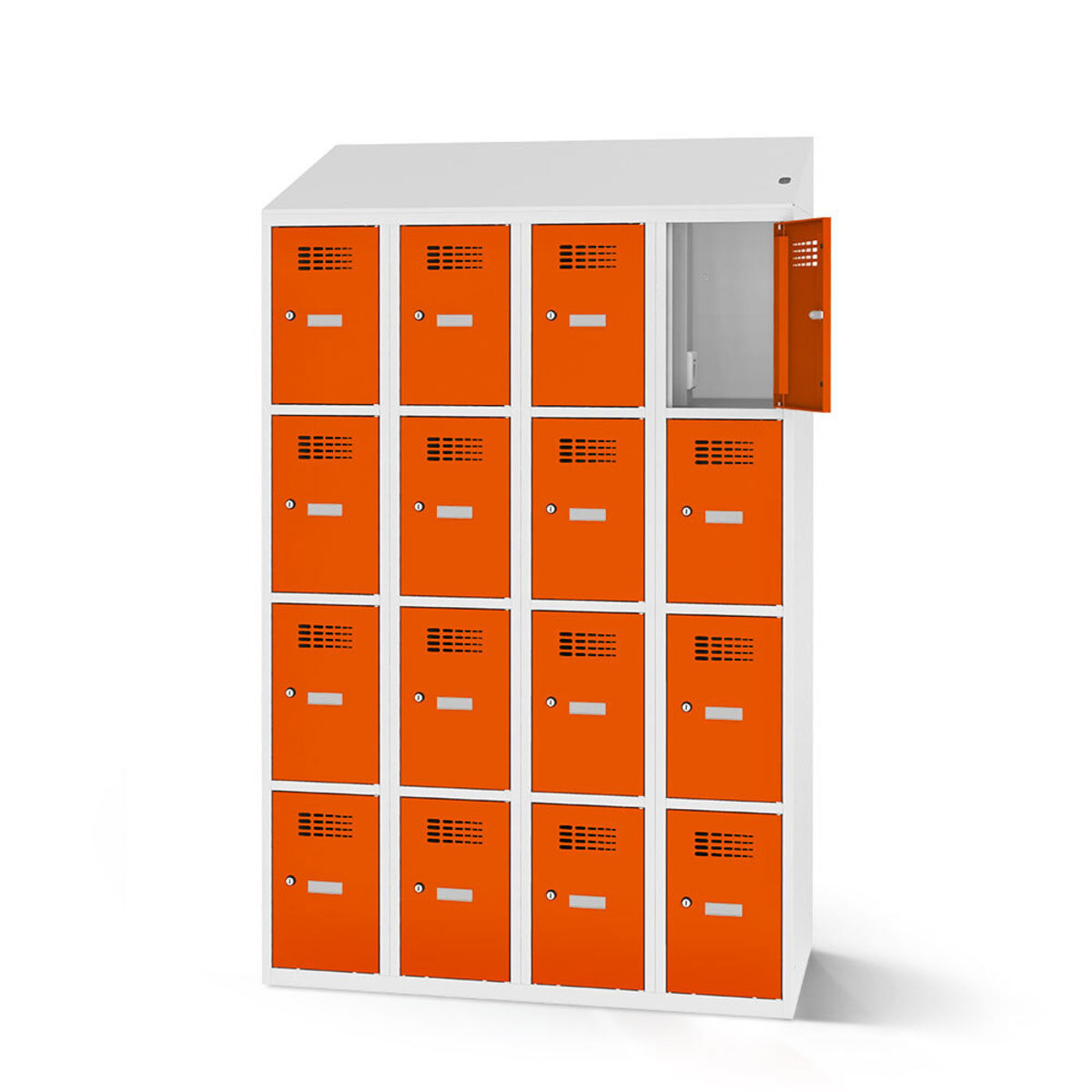 rotstahl Fächerschrank mit Ladefunktion 16 Fächer mit lichtgrauem Korpus 120x200 cm (BxH); orange