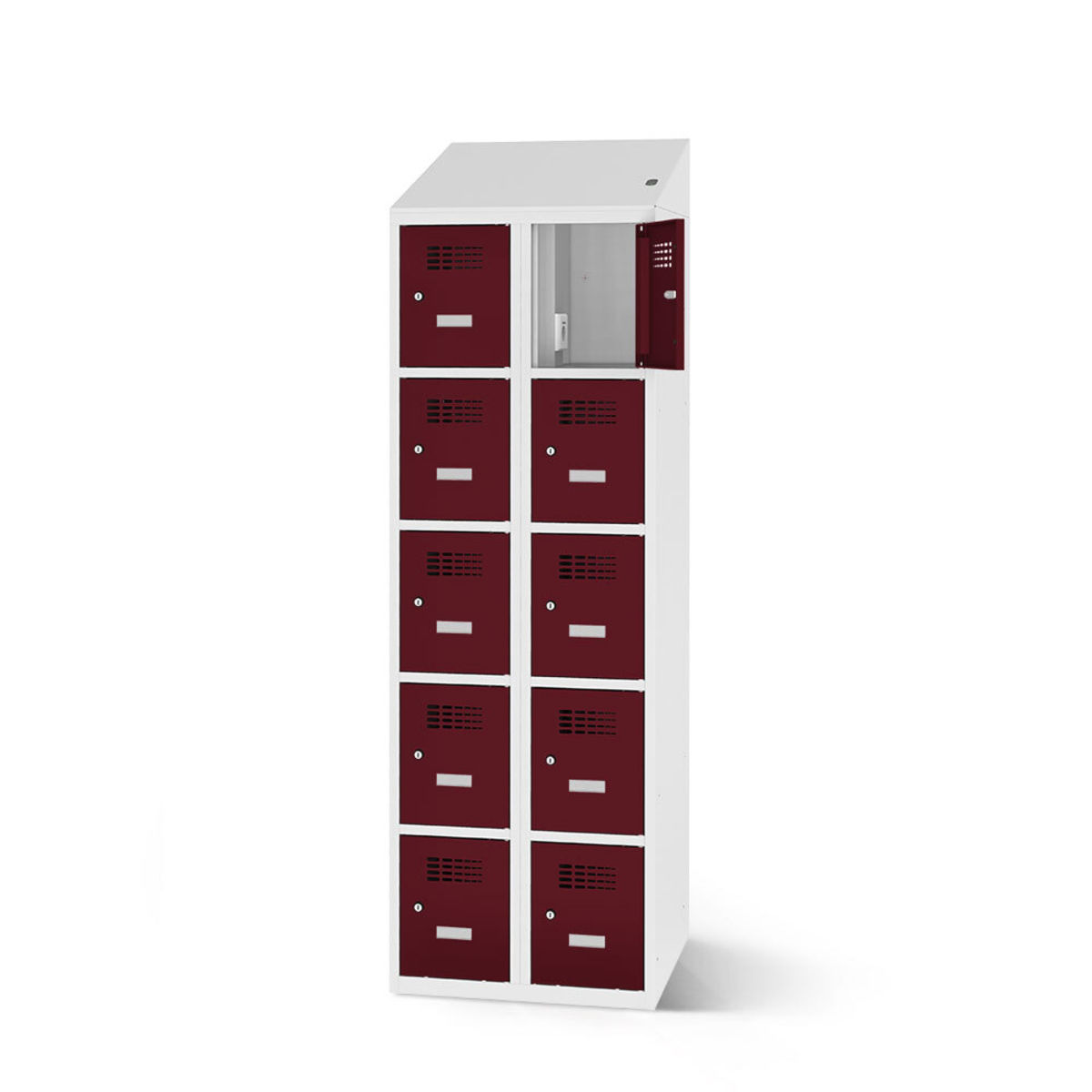 rotstahl Fächerschrank mit Ladefunktion 10 Fächer mit lichtgrauem Korpus 60x200 cm (BxH); bordeaux