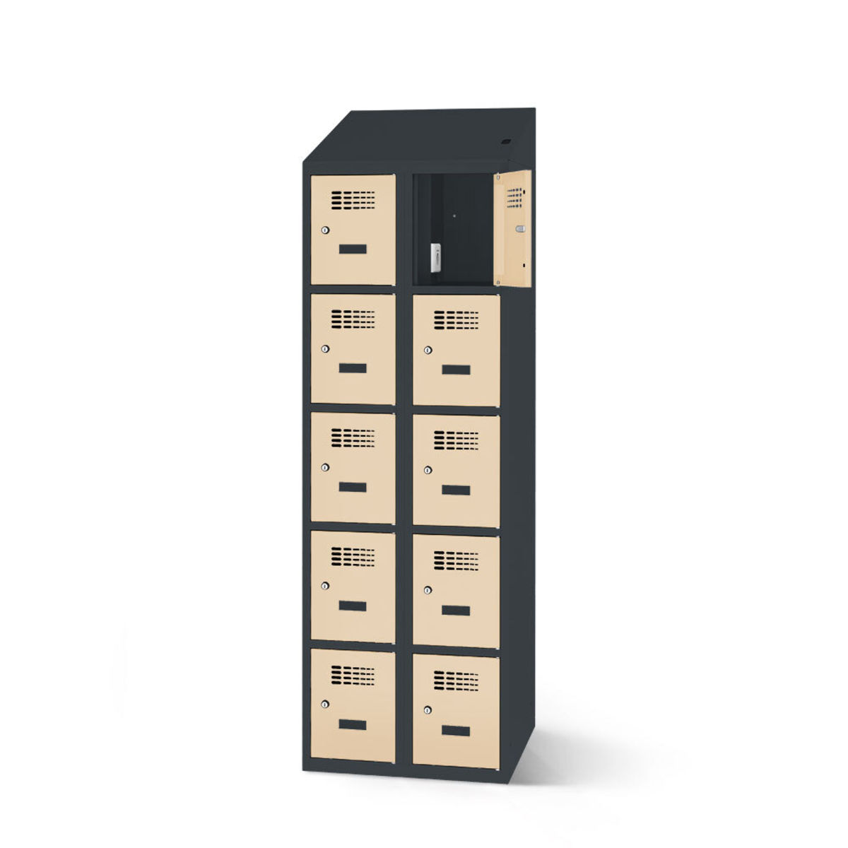rotstahl Fächerschrank mit Ladefunktion 10 Fächer mit anthrazitgrauem Korpus 60x200 cm (BxH); elfenbein