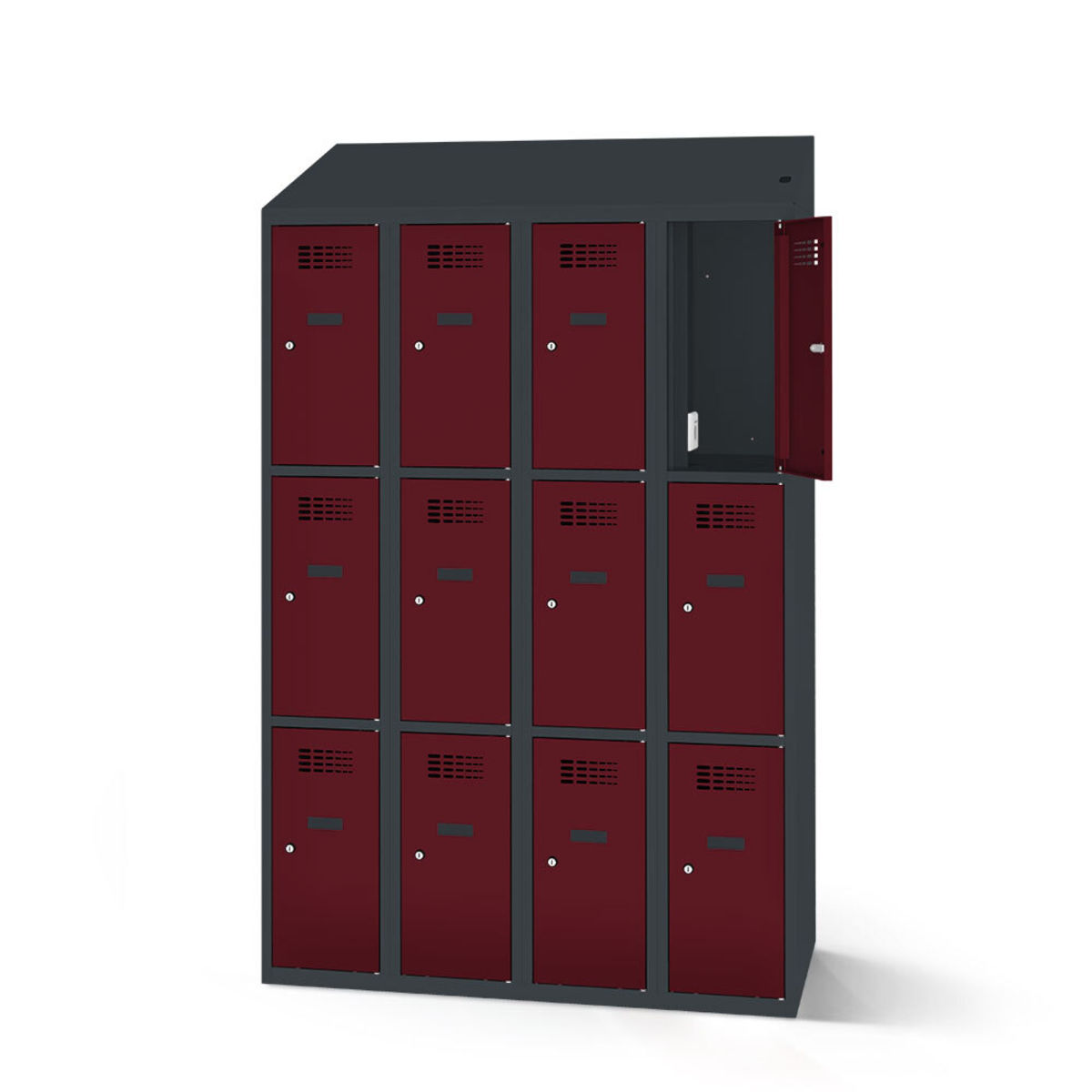 rotstahl Fächerschrank mit Ladefunktion 12 Fächer 4x3 mit anthrazitgrauem Korpus 120x200 cm (BxH); bordeaux