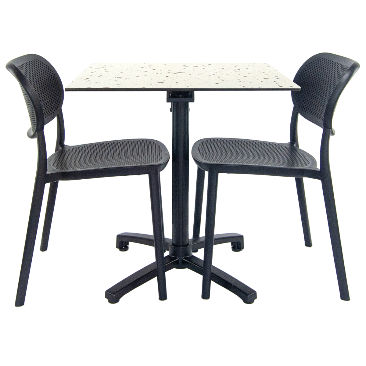 RestooTab Terrassenset Klapptisch Diabolo - 2 Stühle 70x70x73 cm (LxBxH); Platte weiß/mehrfarbig/terrazzo, Gestell schwarz; quadratisch